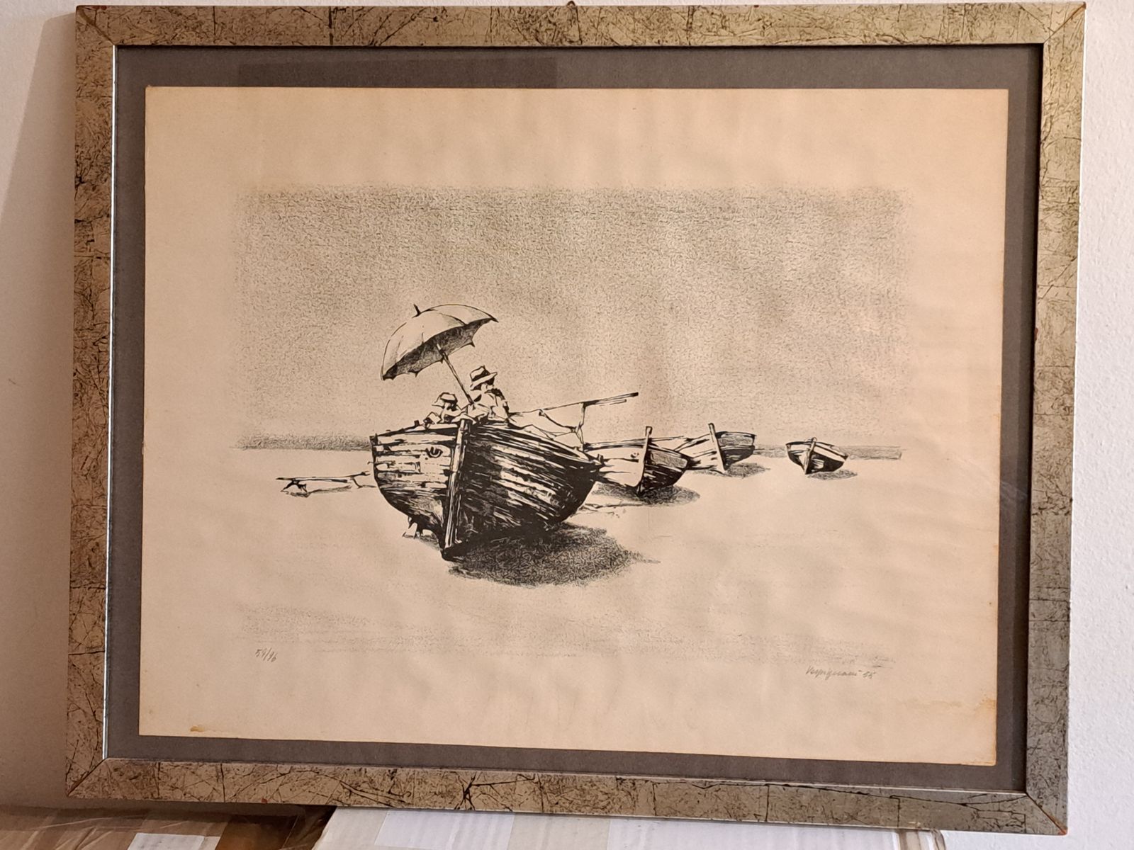 Renzo Vespignani "Fishers At Work On Boats Aground" Etching On Paper No. 57/96 photo Art