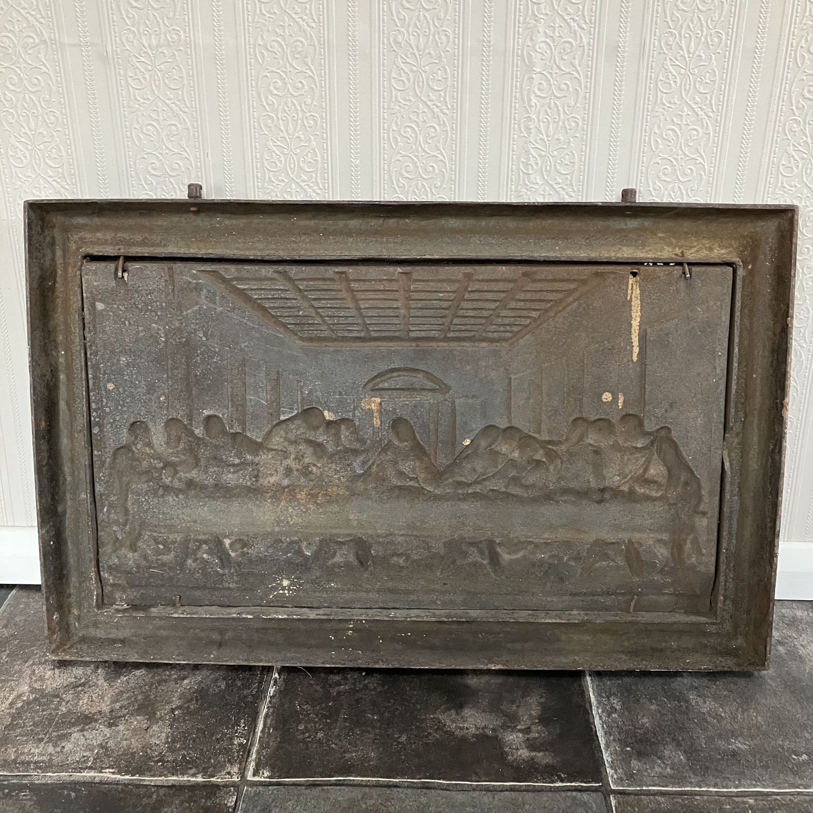 Art Antique Salvaged 19th Century Framed Cast Iron Relief Panel Of Da Vinci's The Last Supper photo
