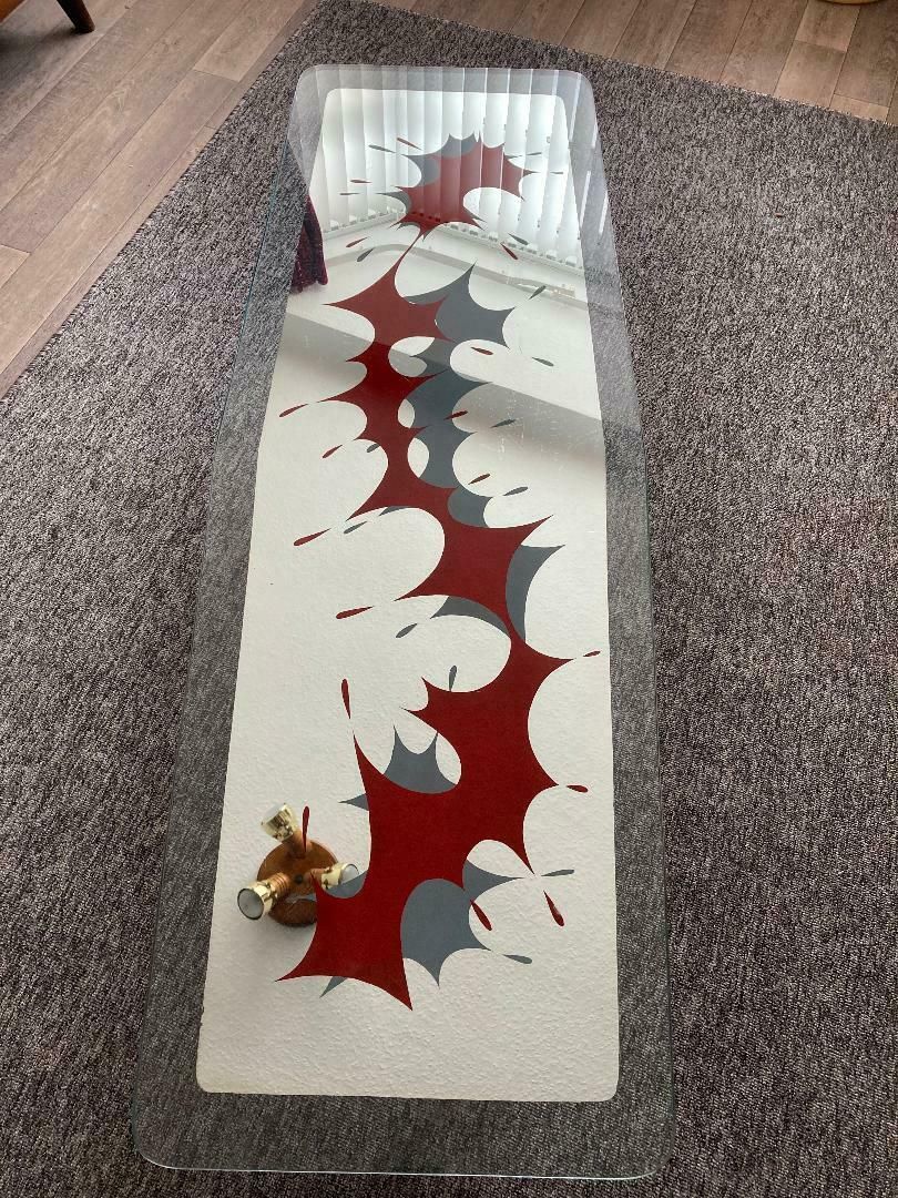 Italian Glass Top Coffee Table With Red And Grey Mid Century Abstract Art photo 125.0