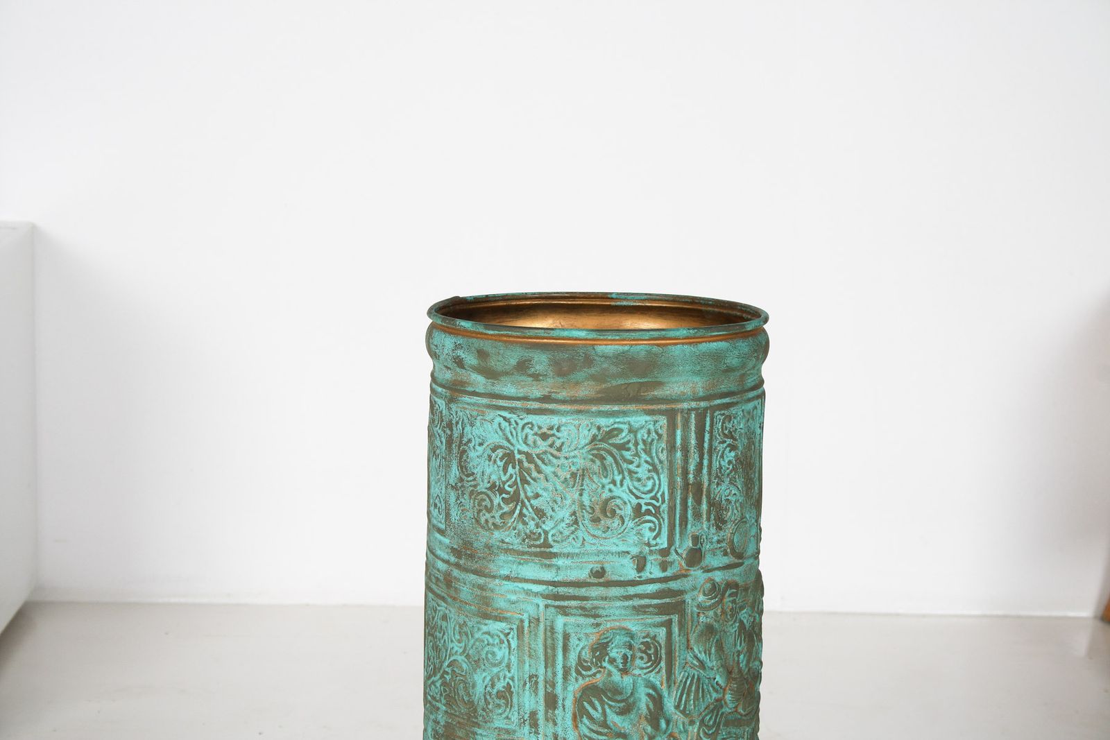 1950s Brass Stick Umbrella Stand Pot With Verdigris Copper Patina photo furniture