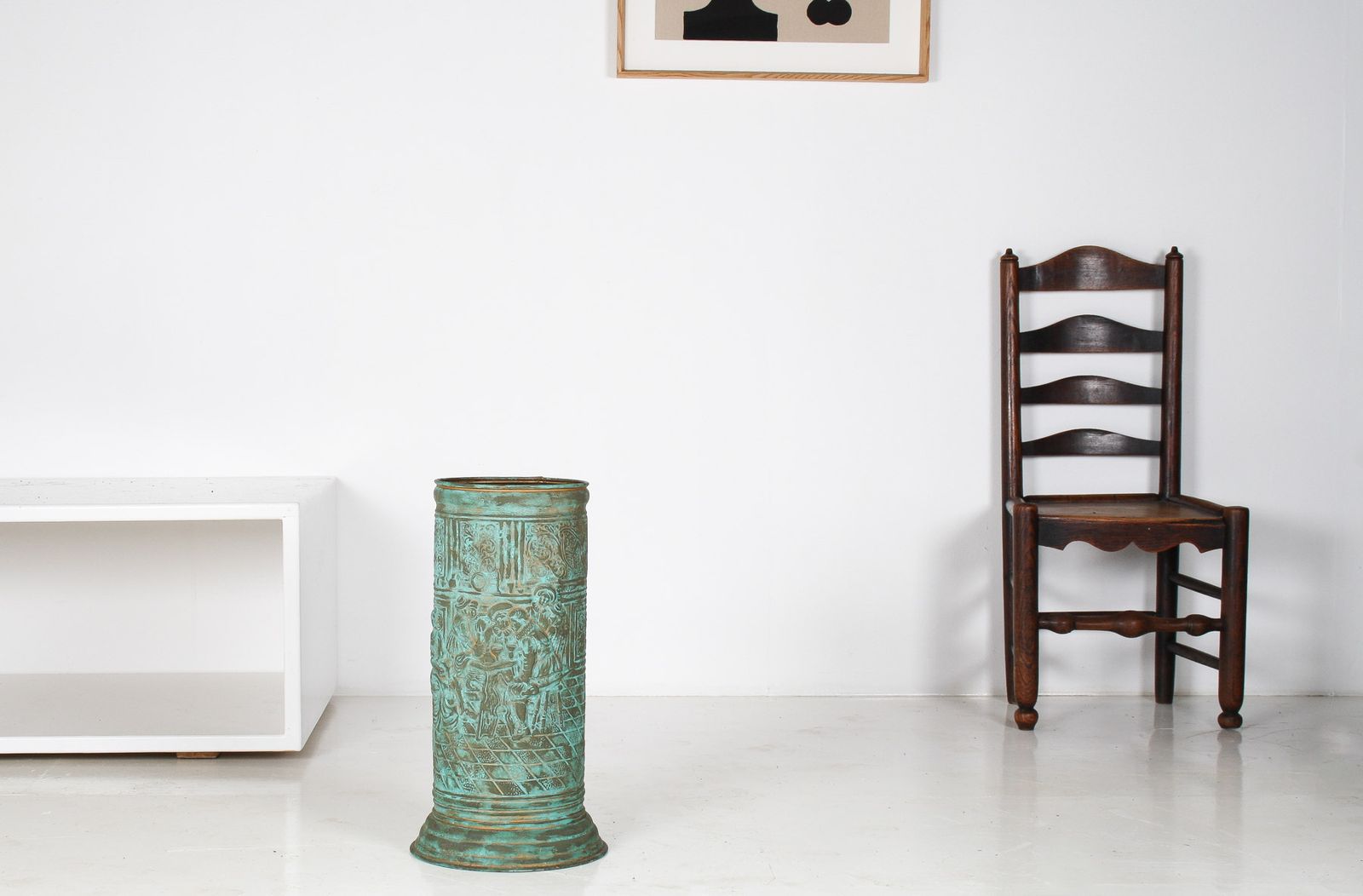 1950s Brass Stick Umbrella Stand Pot With Verdigris Copper Patina photo for sale