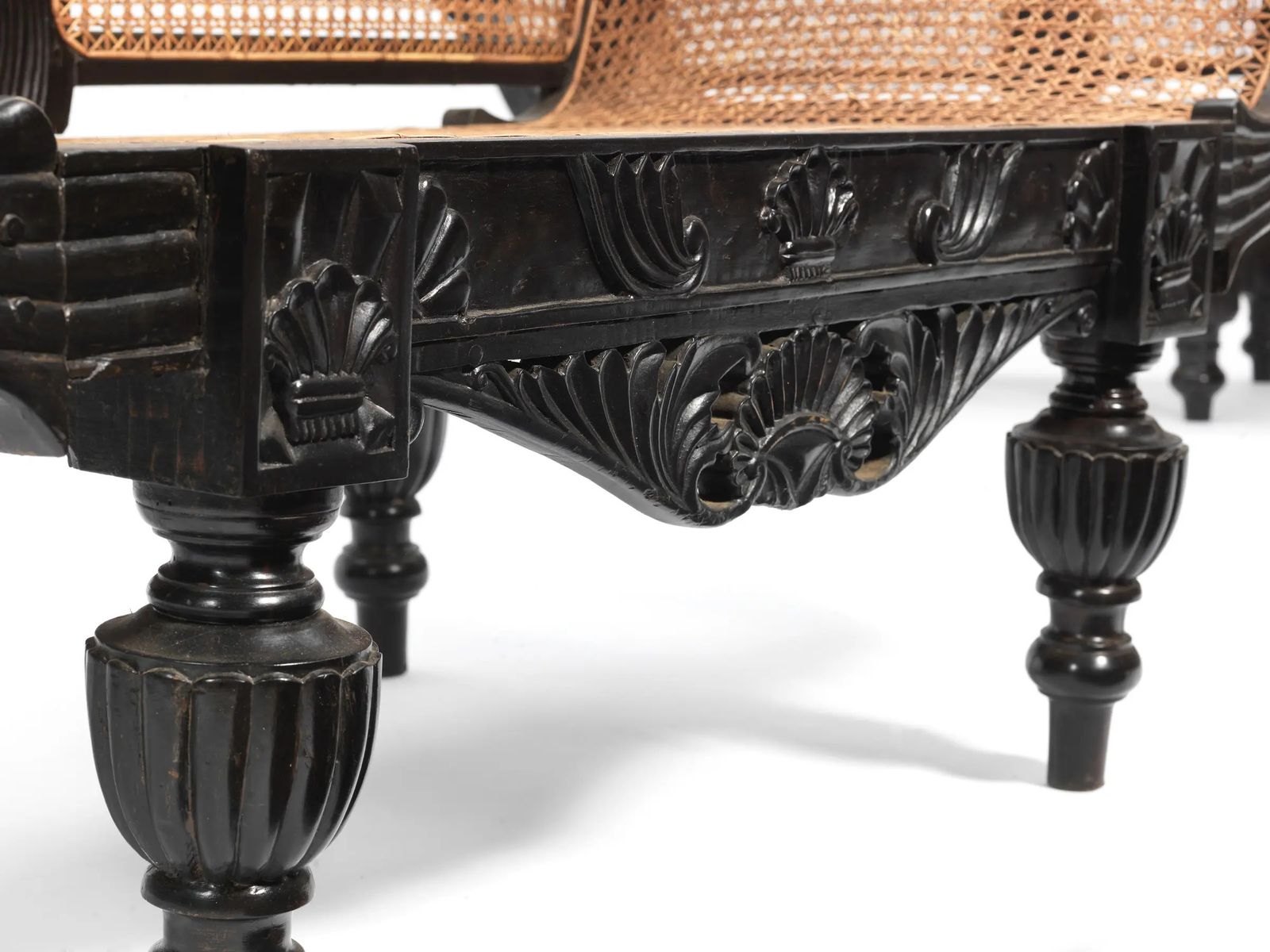 A Pair Of Ceylonese 19th Century Carved Ebony Caned Window Seats photo furniture