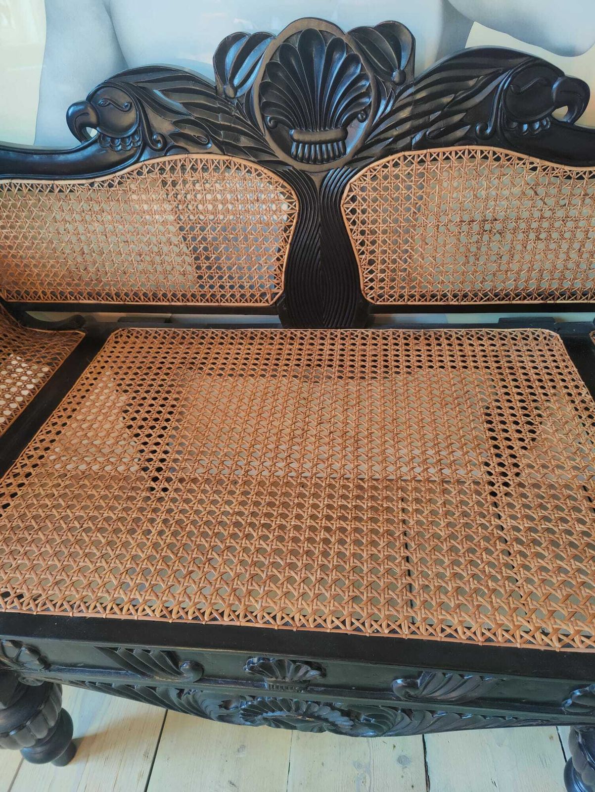 A Pair Of Ceylonese 19th Century Carved Ebony Caned Window Seats photo Furniture