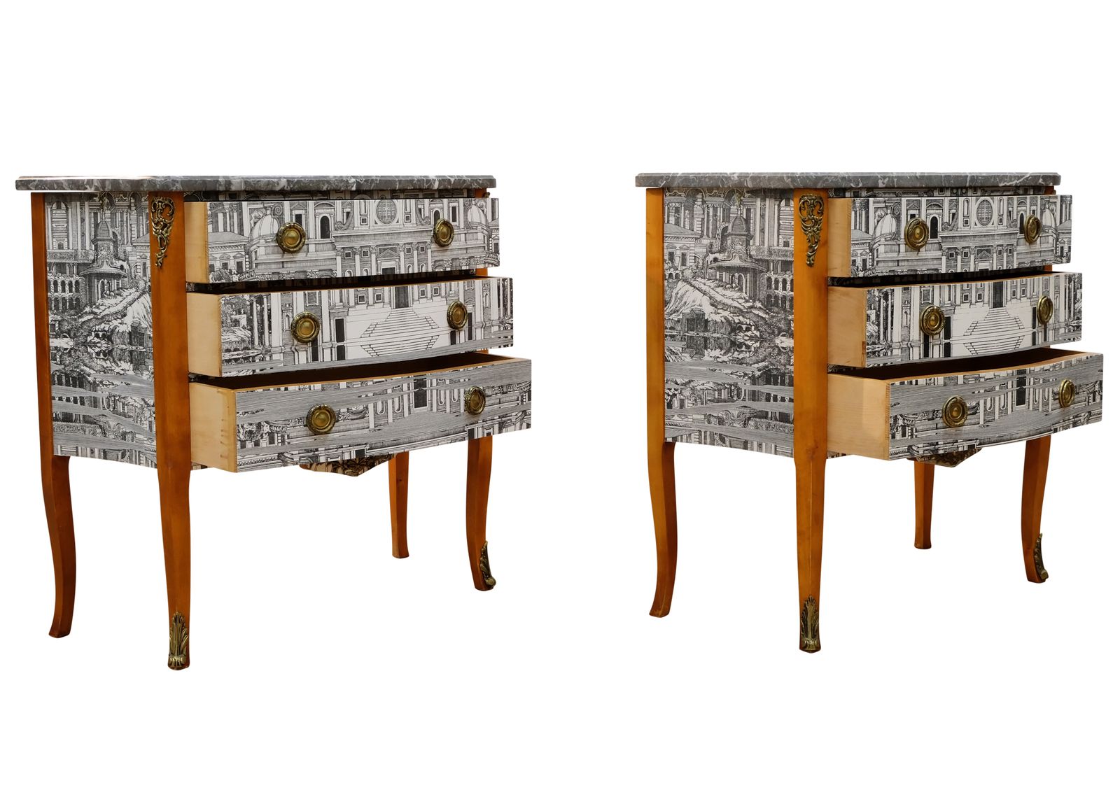 Pair Of Louis XV Style Chest With Fornasetti Pattern Of Ancient Rome And Grey Marble Top photo vinterior