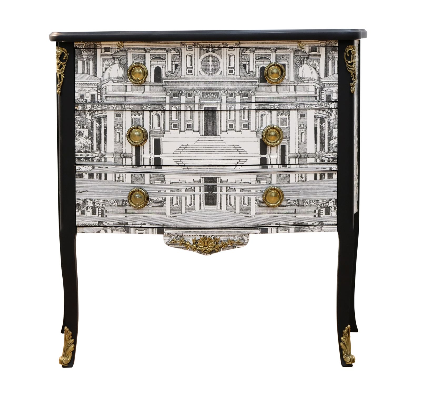 Louis XV Style Chest With Fornasetti Pattern Of Ancient Rome And Black Marble Top
