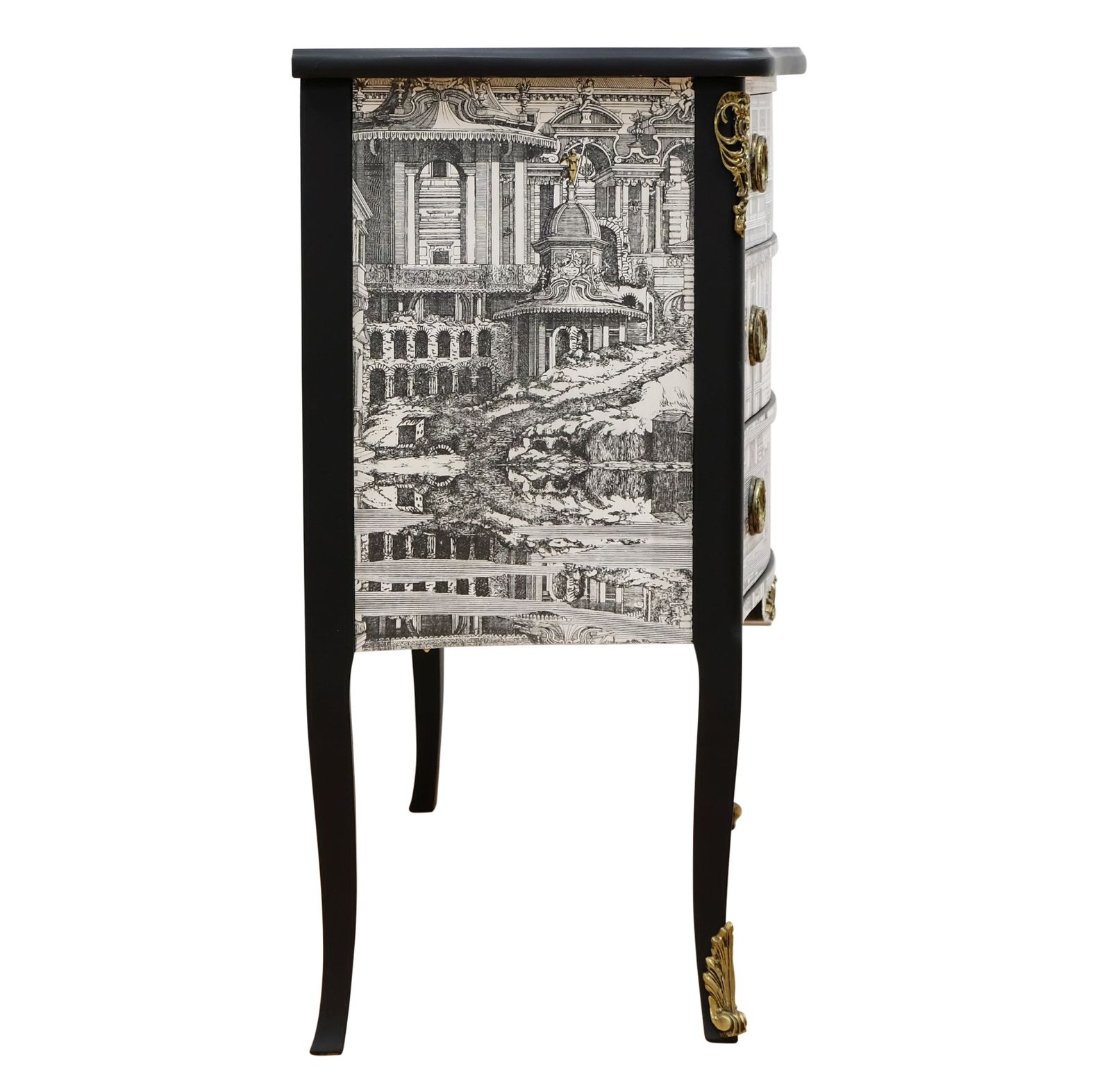 Louis XV Style Chest With Fornasetti Pattern Of Ancient Rome And Black Marble Top photo vinterior