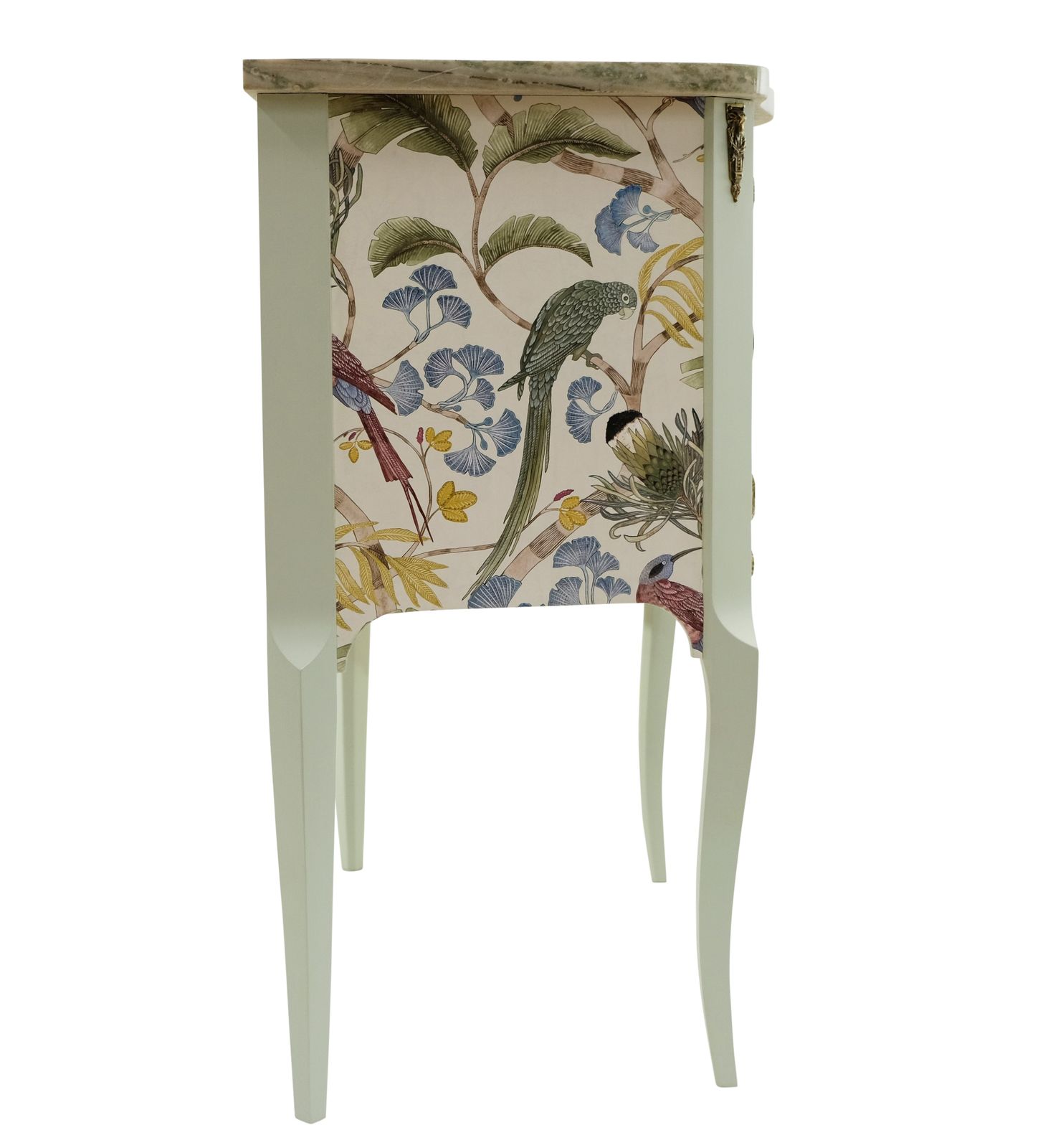 Gustavian Style Commode In Antique White With Exotic Birds Design And Marble Top photo for sale
