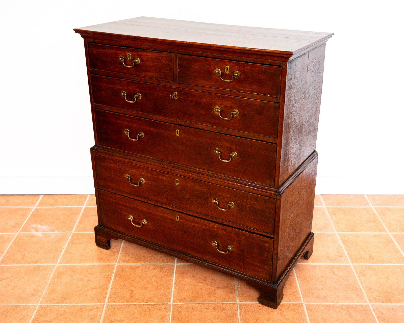 Furniture Georgian Oak Chest On Chest Of Drawers 1750 Antiqu.E Storage Country House Commode Tallboy Farmhouse Rusti.C Six Drawers Brass George II photo