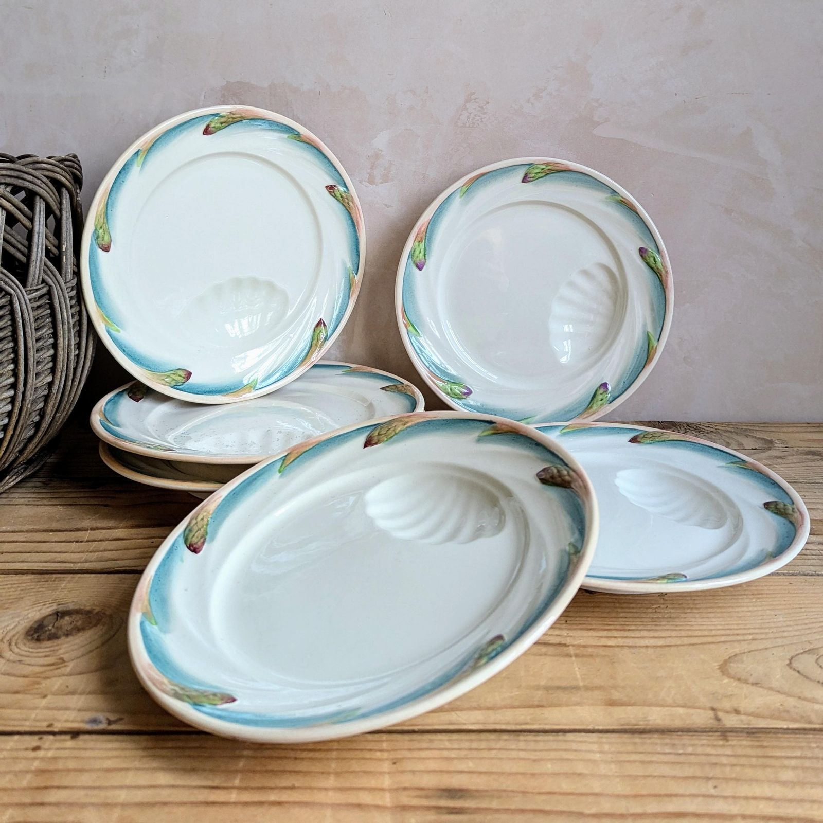 Antique French Majolica Asparagus Plates   6 X Antique Hand Painted Sarreguemines Asparagus Plates C1900 photo Home Decor