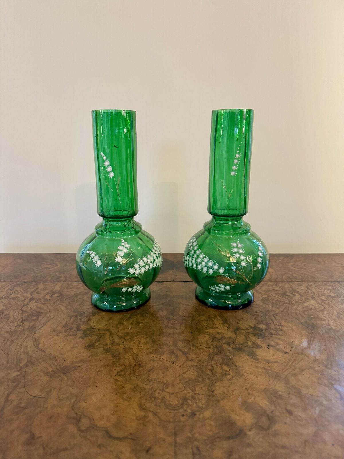 Fine Quality Pair Of Antique Green Glass Shaped Vases photo for sale