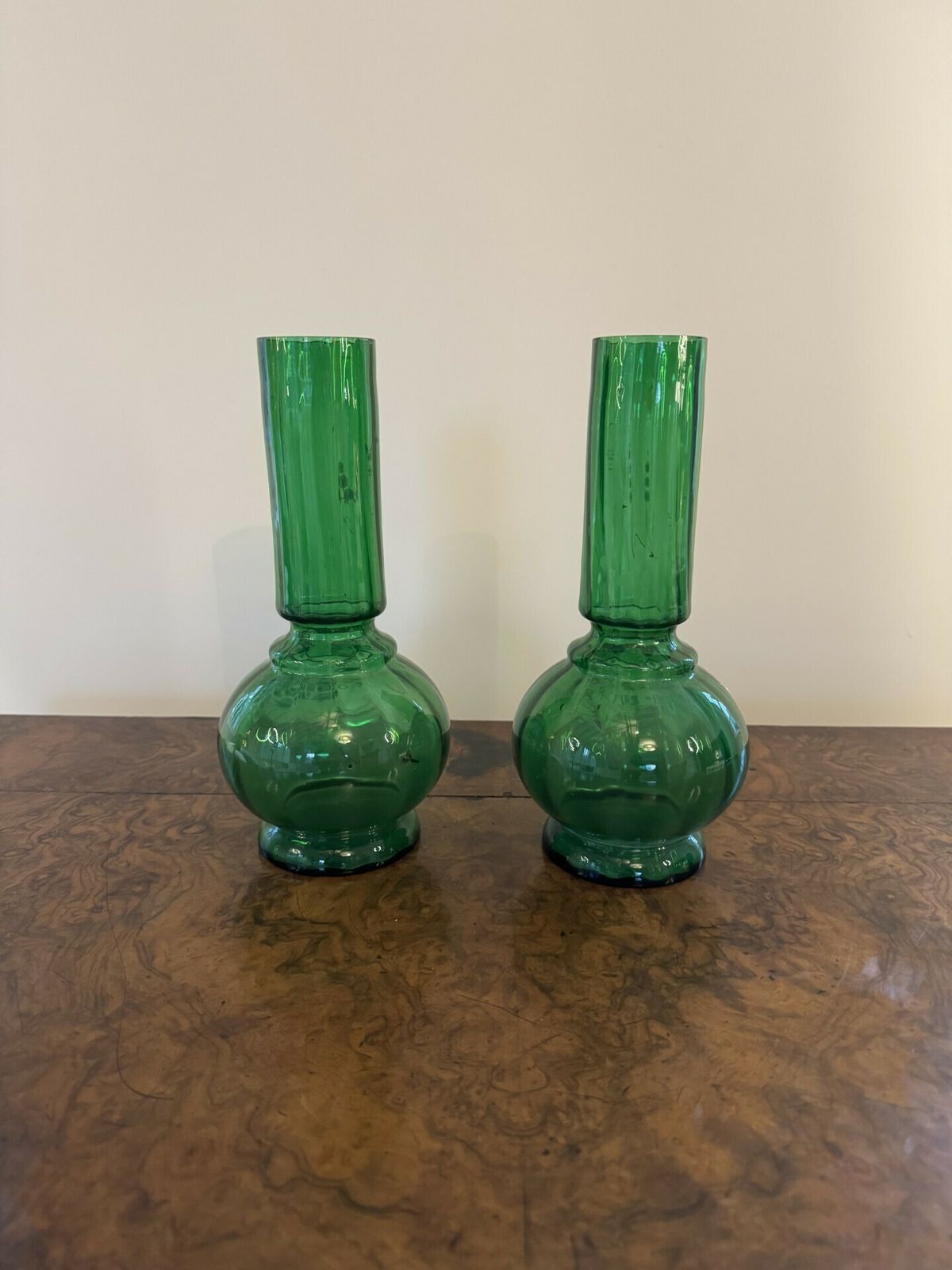 Fine Quality Pair Of Antique Green Glass Shaped Vases photo Home Decor