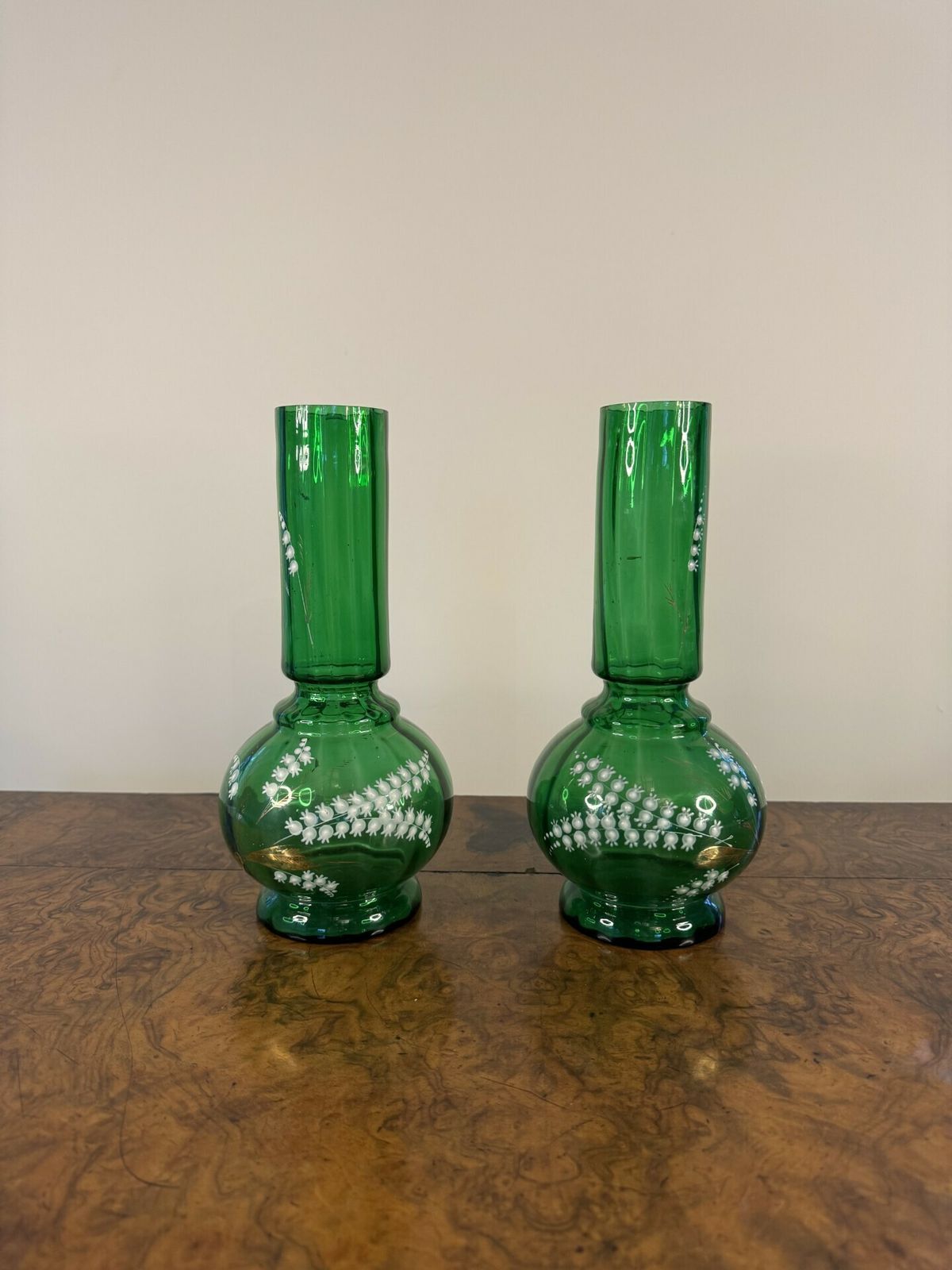 Fine Quality Pair Of Antique Green Glass Shaped Vases