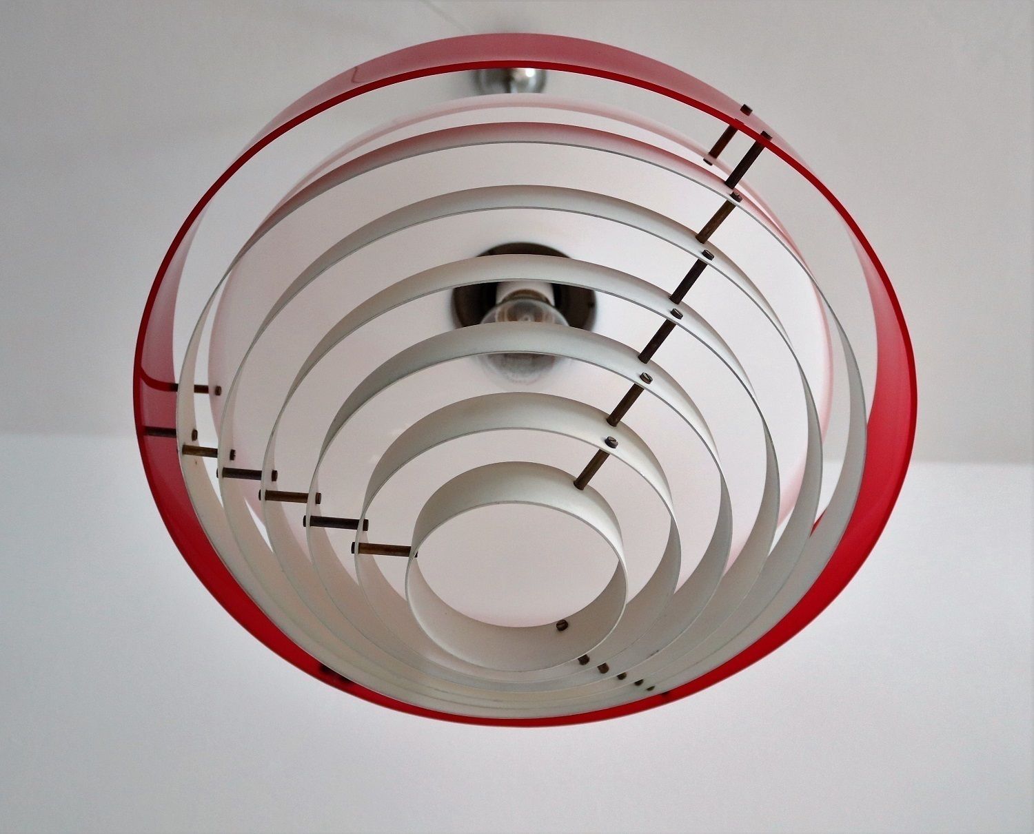 photo for sale Italian Midcentury Pendant Lamp In Acrylic, Aluminium And Brass By Stilnovo, 1950s