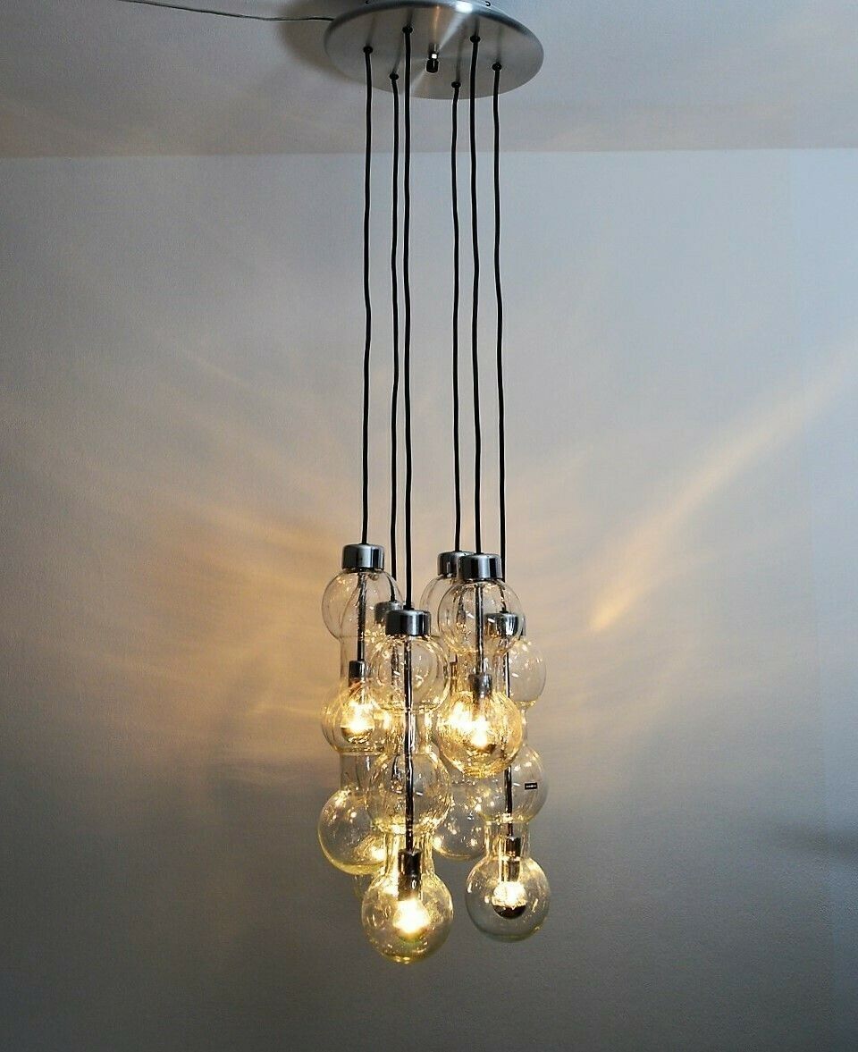 German Bubble Ice Glass And Chrome Cascade Chandelier Or Pendant Lamp By Doria, 1980 photo buy
