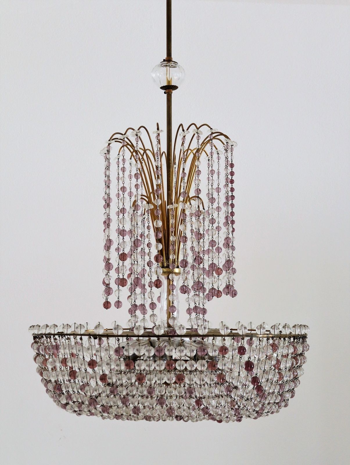 Italian Handcrafted Murano Art Nouveau Waterfall Chandelier In Brass And Crystal