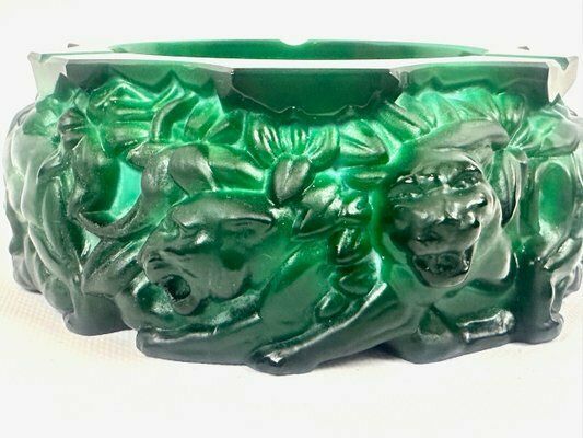 Bohemian Art Deco Malachite Glass Panthers Ashtray Attributed To Heinrich Hoffmann, 1940s photo furniture