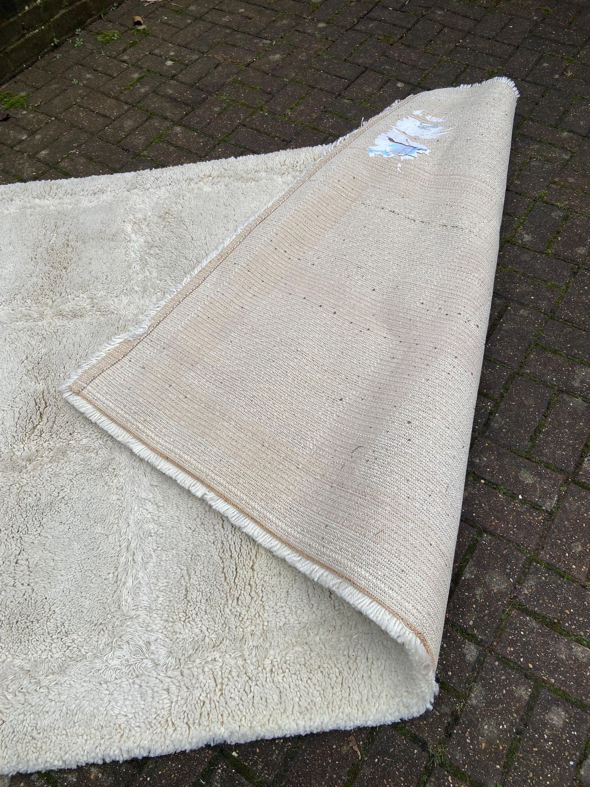 photo for sale Large Vintage Shaggy Cream Rug With Contrasting Square Detail   Likely 1980s. Good Size 234cm X 158cm