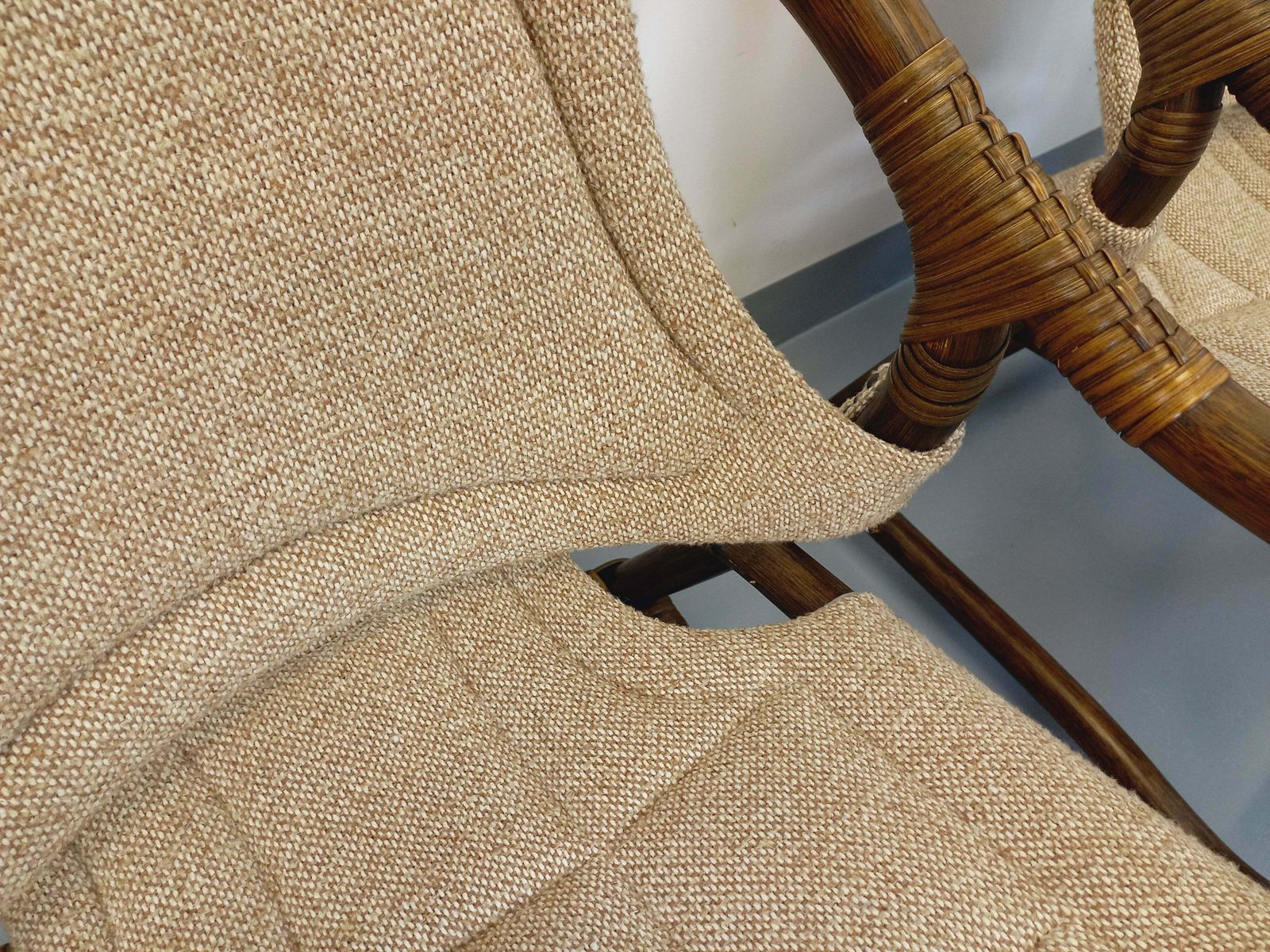 3 Danish Armchairs From Horsnæs Møbelfabrik In Rattan And Fabric photo for sale