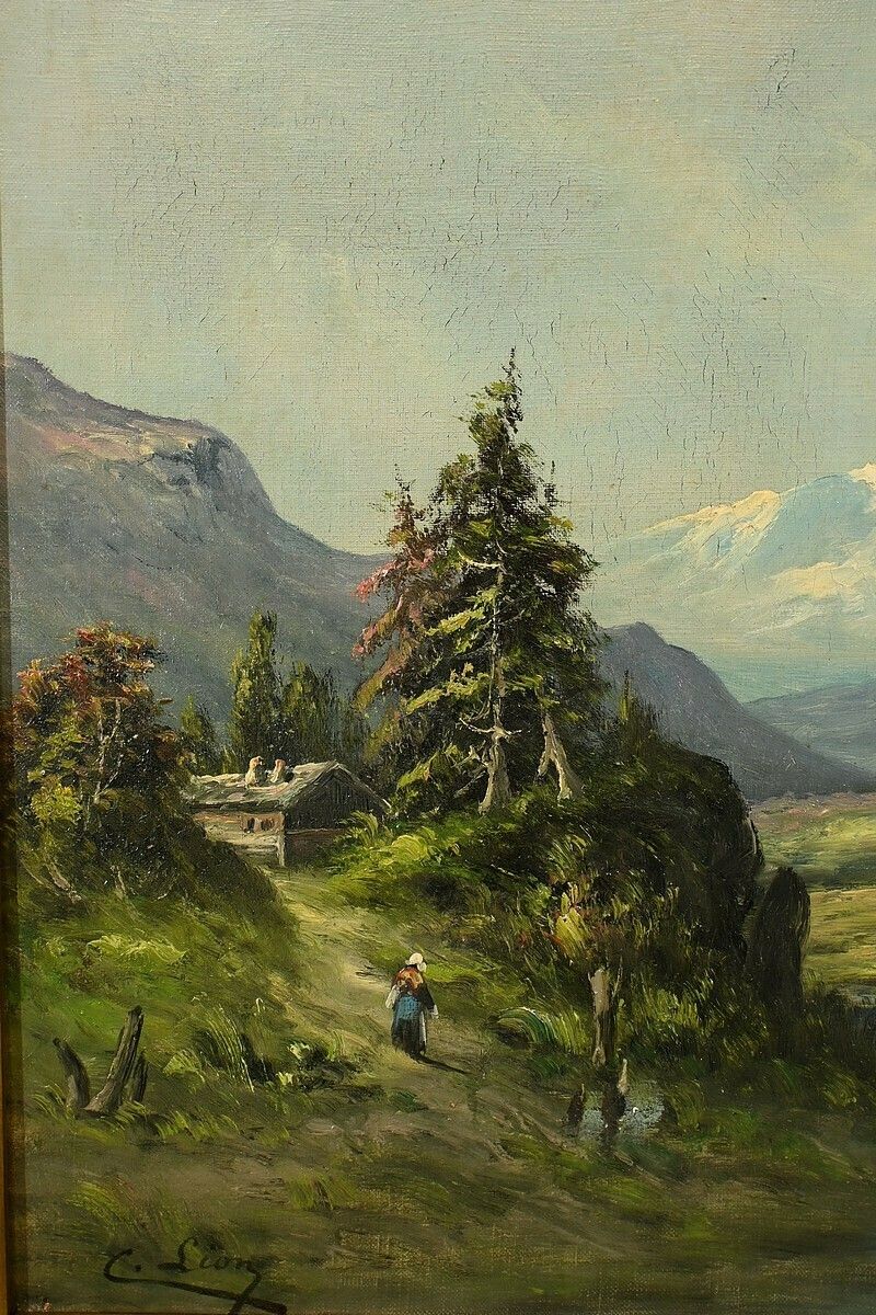 Oil On Canvas “Mountain Landscape” Signed C. Lion – Late 19th Century photo buy