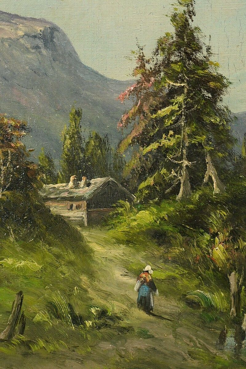 Oil On Canvas “Mountain Landscape” Signed C. Lion – Late 19th Century photo vintage