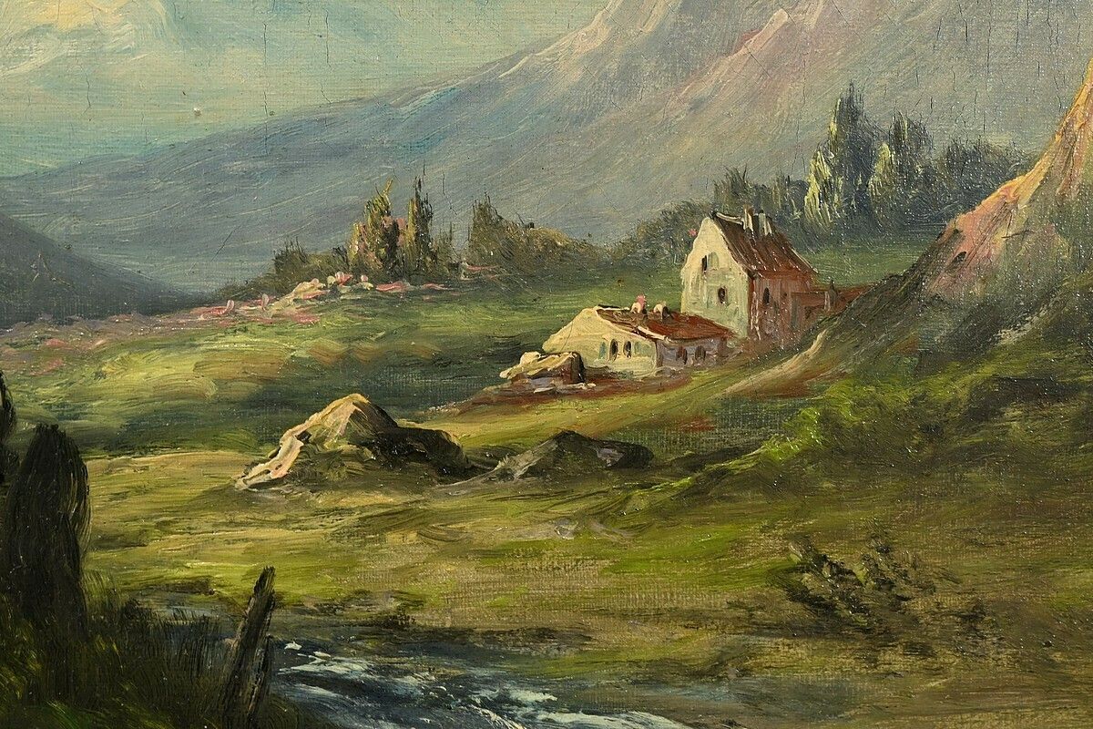 photo vinterior Oil On Canvas “Mountain Landscape” Signed C. Lion – Late 19th Century