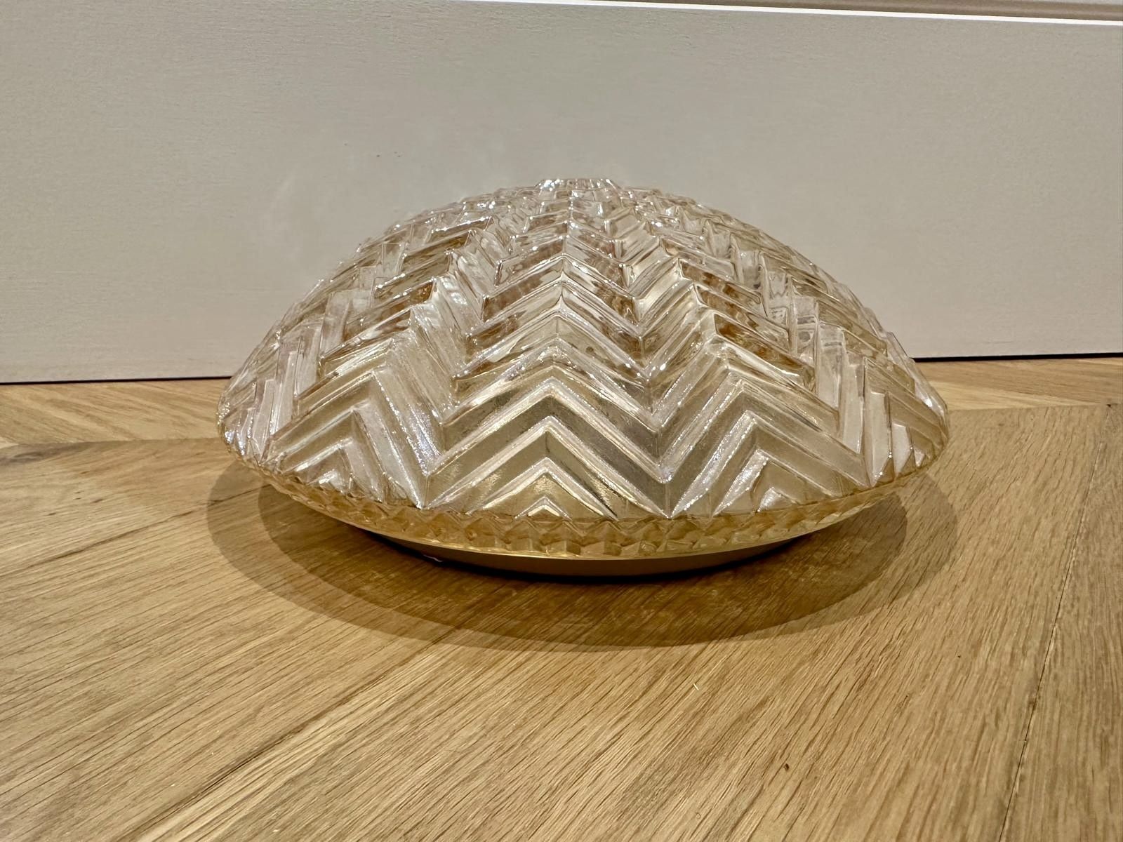 Pair Of Vintage Geometric Zigzag Amber Glass Ceiling Or Wall Lights Flushmount, 1960s