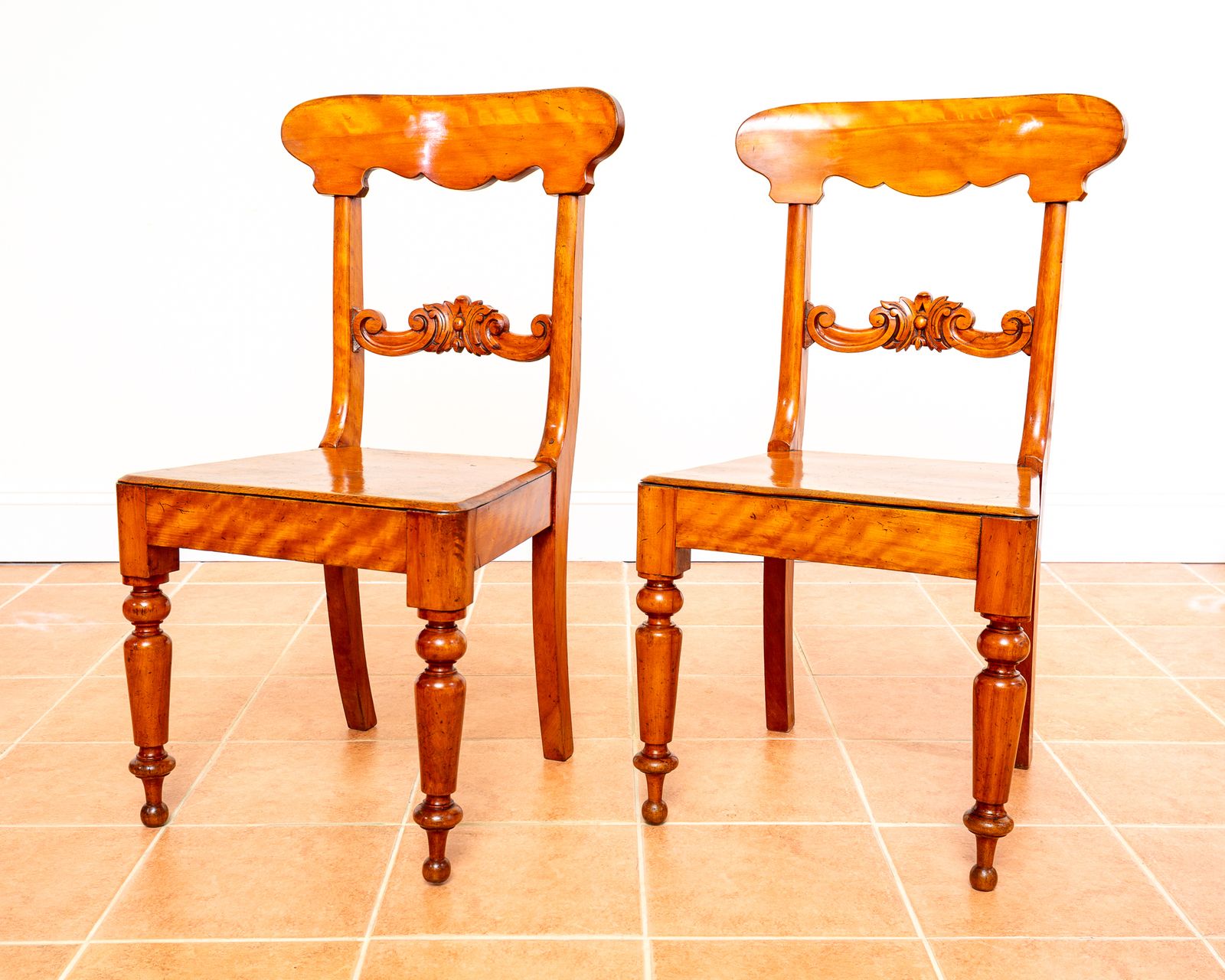 photo for sale Pair Of Swedish Biedermeier Hall Chairs Satin Birch Karl Johan Fine Antique Empire Chairs Gustavian Country House