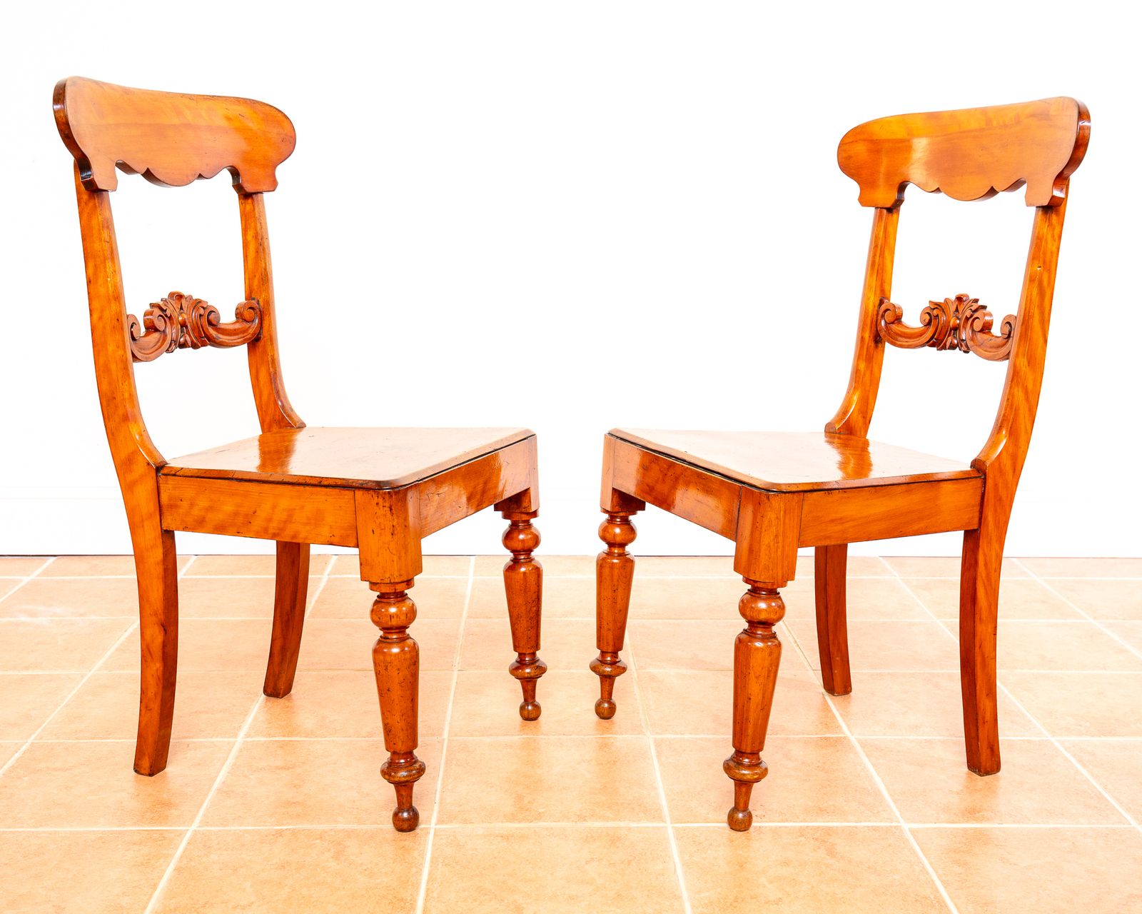 Pair Of Swedish Biedermeier Hall Chairs Satin Birch Karl Johan Fine Antique Empire Chairs Gustavian Country House photo vintage