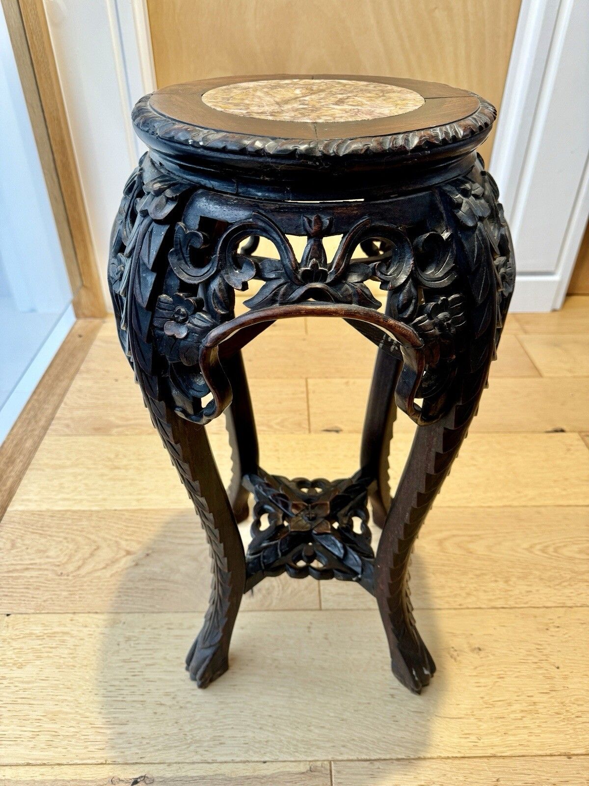 300.0 Antique Chinese Jardiniere Stand, Marble Top, Lamp Table, Victorian photo