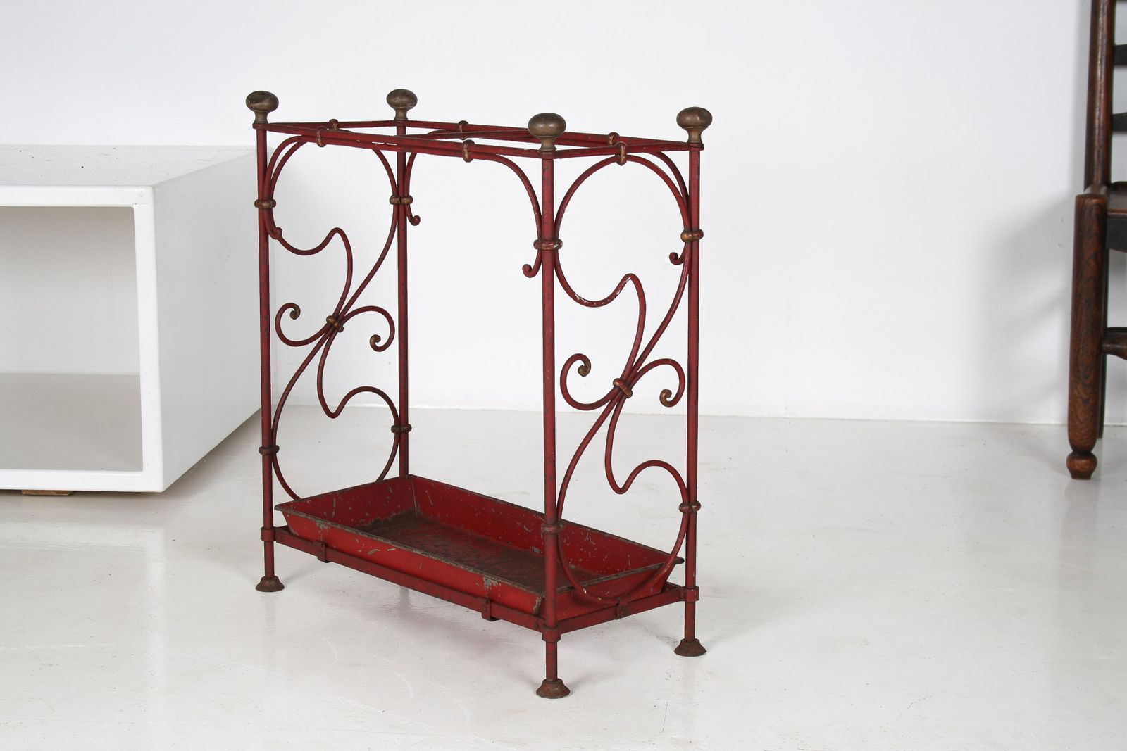 Decorative French Parisian Chic Antique Wrought Iron Red Painted Umbrella Stick Stand photo furniture