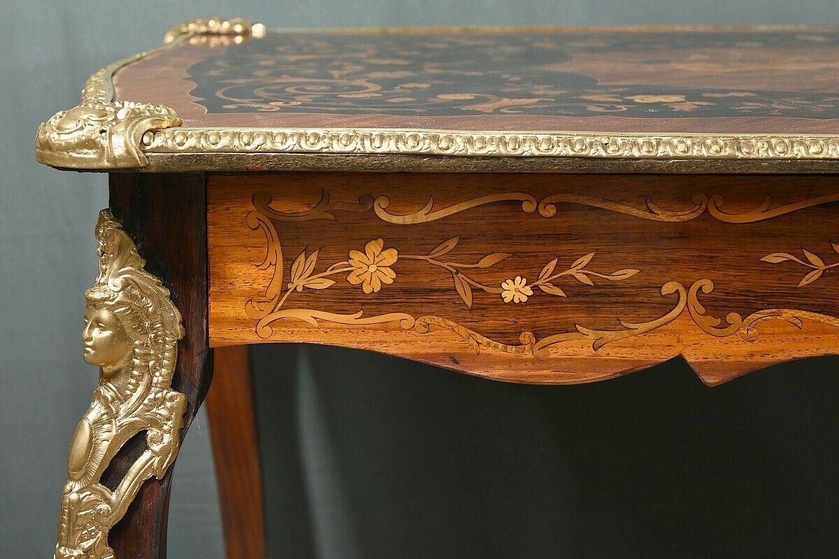 photo for sale Rosewood And Marquetry Desk Table, Napoleon III Period – 2nd Part Of The 19th Century