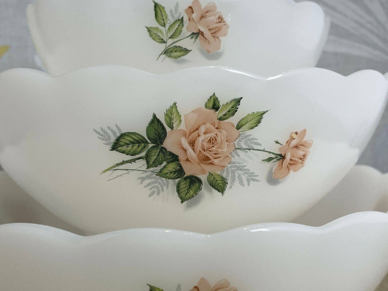 Arcopal Pink Rose Nesting Bowl Set   French Milk Glass Petal Salad Bowl Set photo furniture