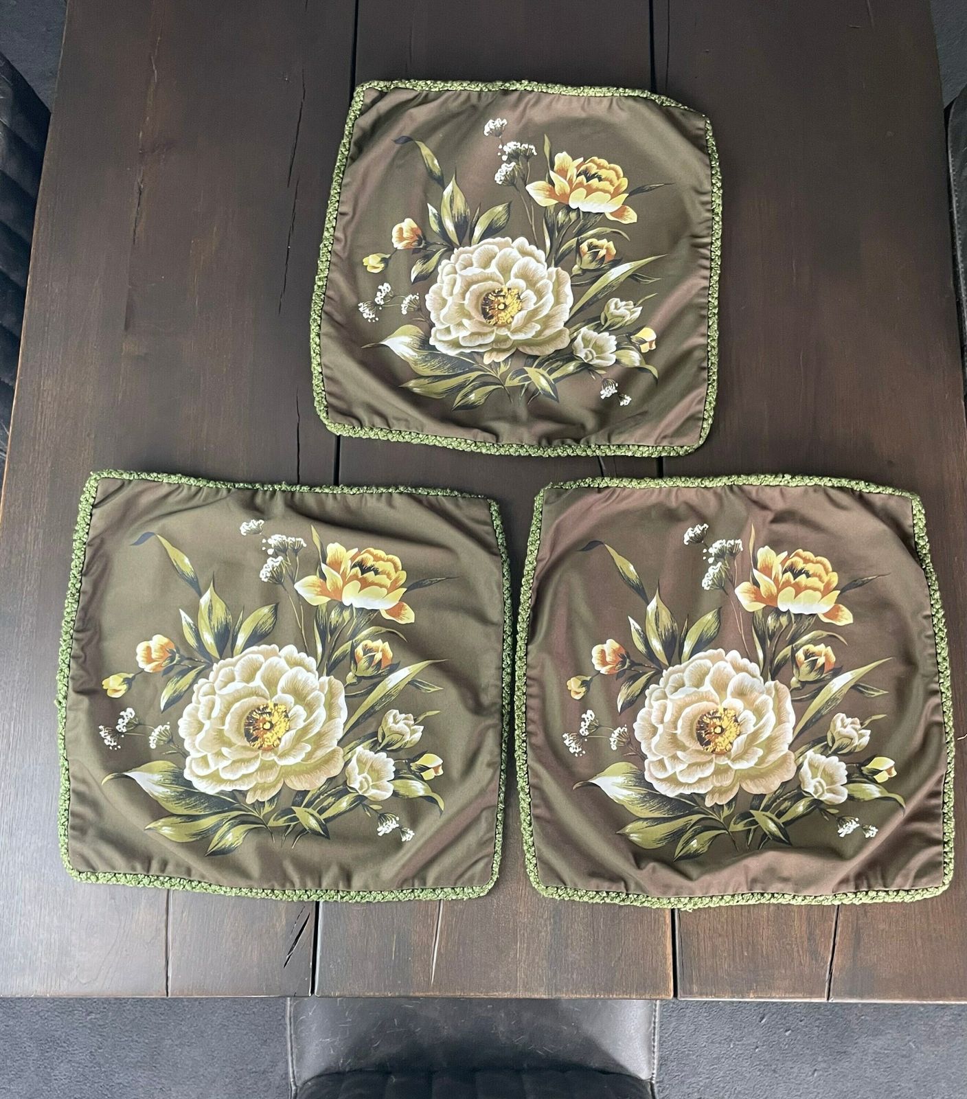 Olive Green Square Cushion Covers With Bold Rose Flower Print   Vintage Seventies Aesthetic Scatter Cushion Covers Set Of Three photo buy