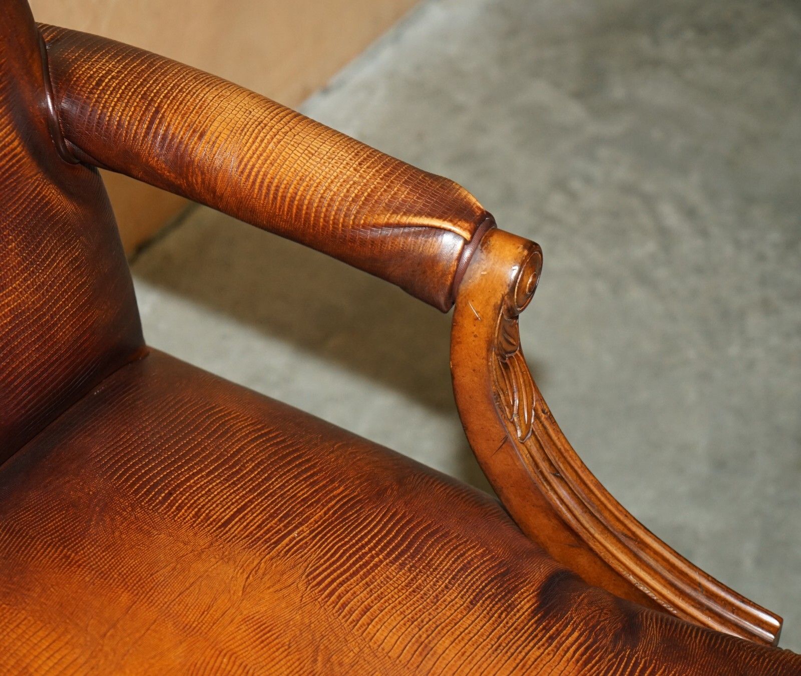 Pair Of Councill USA Brown Crocodile Alligator Leather Claw & Ball Armchairs photo vintage