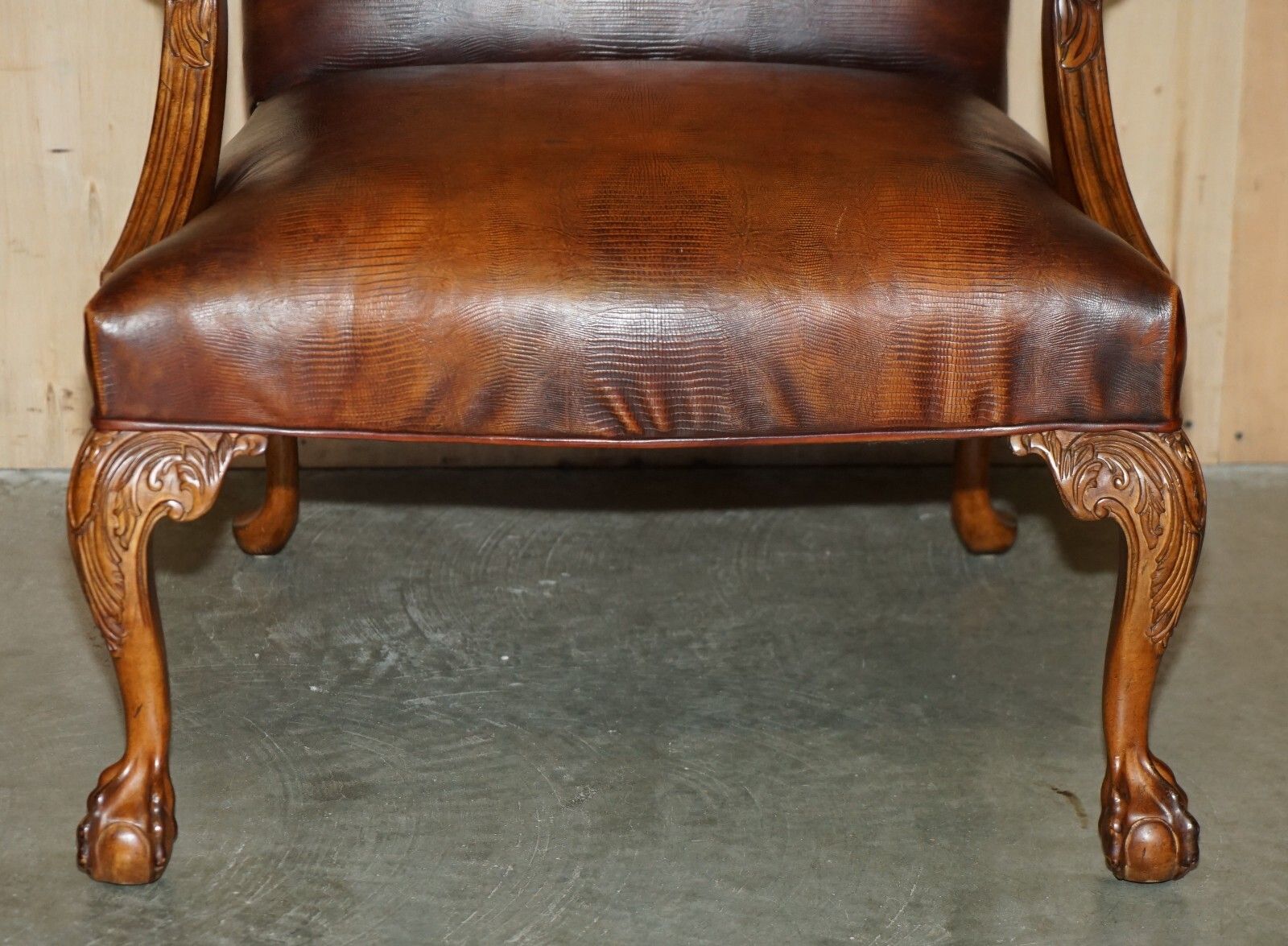 Furniture Pair Of Councill USA Brown Crocodile Alligator Leather Claw & Ball Armchairs photo