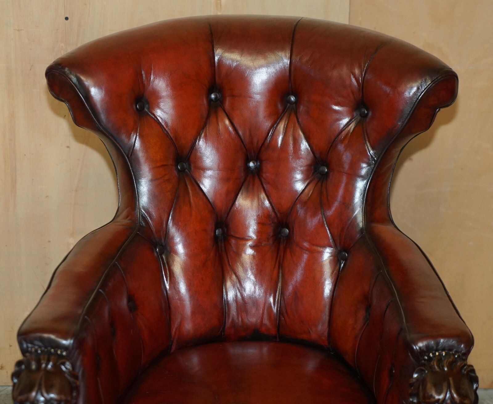 Exquisite Antique Cir 1840 Hand Carved Lions Head Chesterfield Library Armchair photo for sale