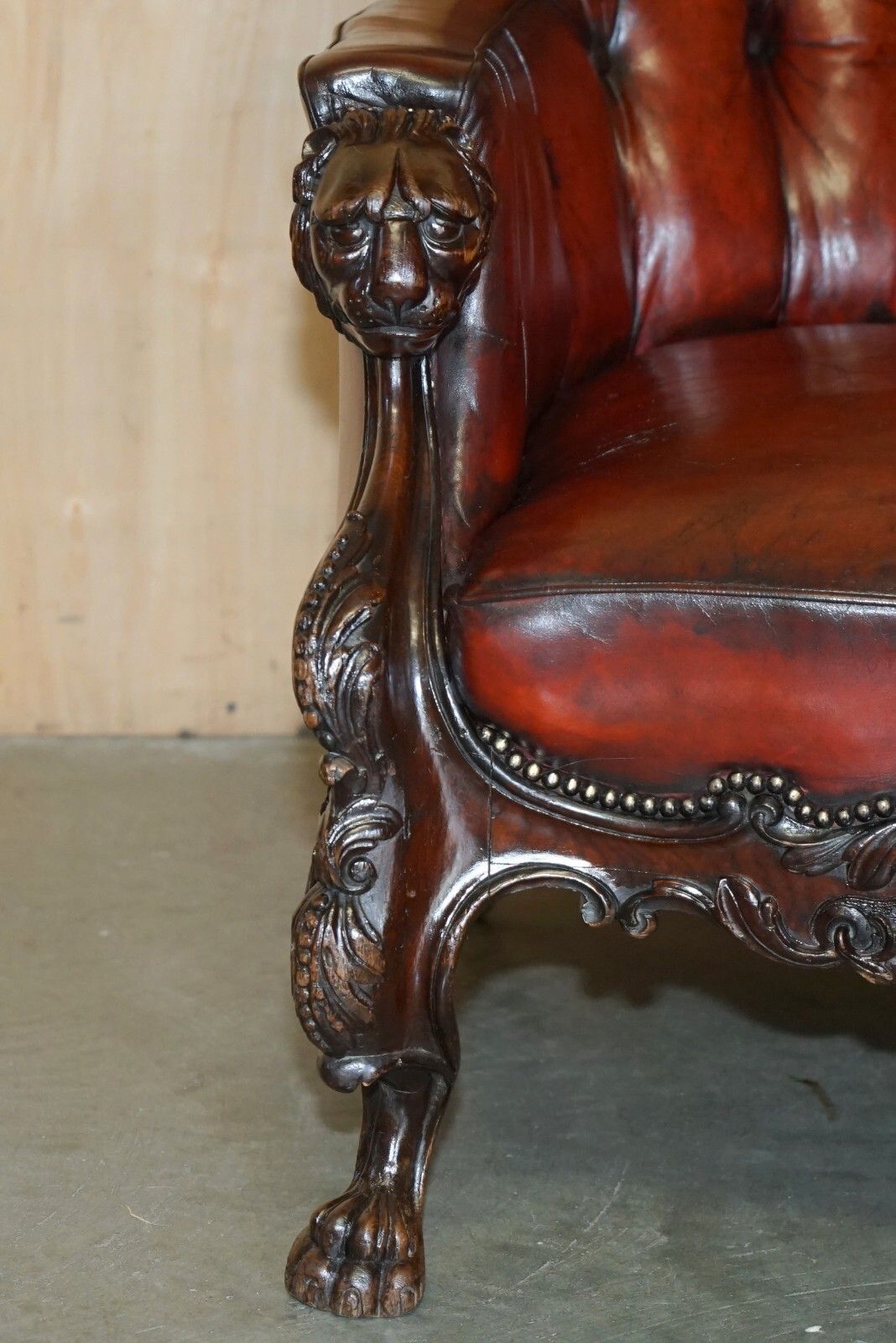 Exquisite Antique Cir 1840 Hand Carved Lions Head Chesterfield Library Armchair photo 3950.0