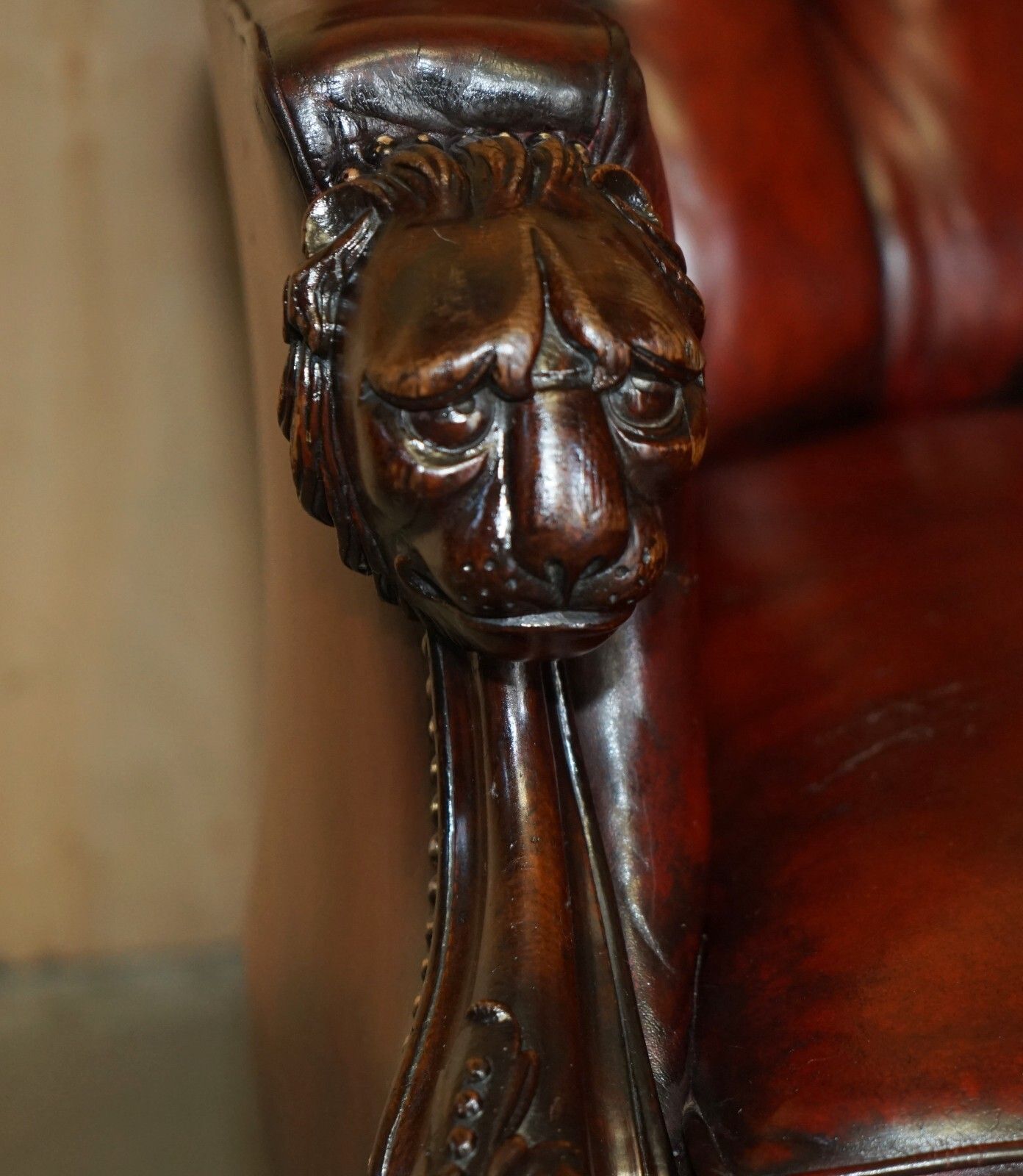 Exquisite Antique Cir 1840 Hand Carved Lions Head Chesterfield Library Armchair photo buy
