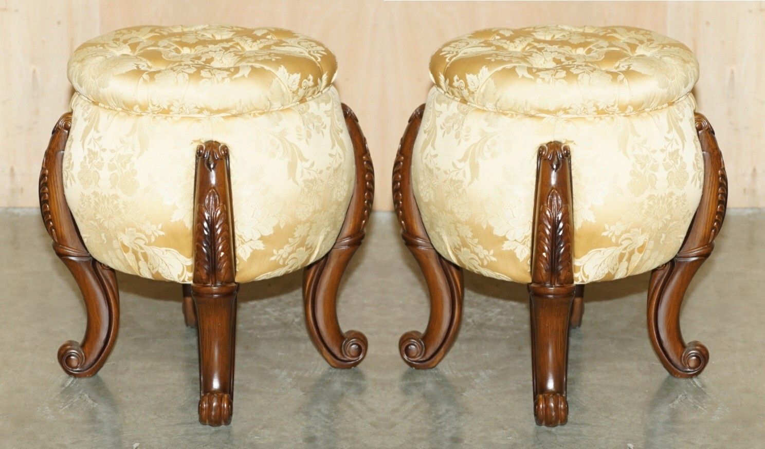Pair Of Vintage Chesterfield Tufted Floral Upholstered Carved Frame Stools