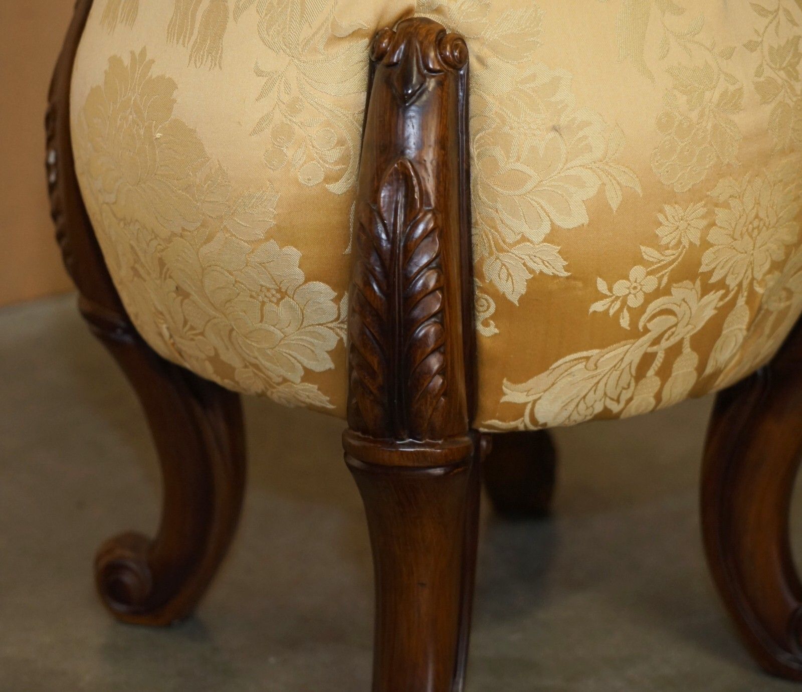 photo for sale Pair Of Vintage Chesterfield Tufted Floral Upholstered Carved Frame Stools