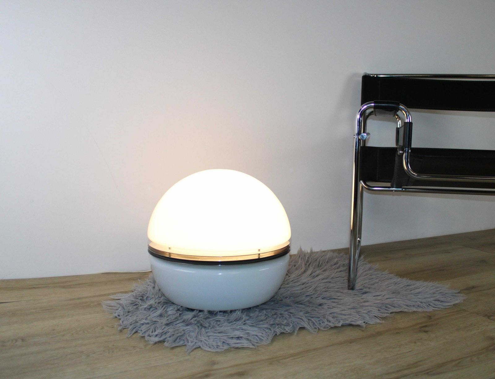 Vintage Italian Floor Lamp/Large Space Age Floor Lamp By Enrico Tronconi/Chrome And Glass Lamp 70s/White Glass Lamp/Designer Floor Lamp photo vintage