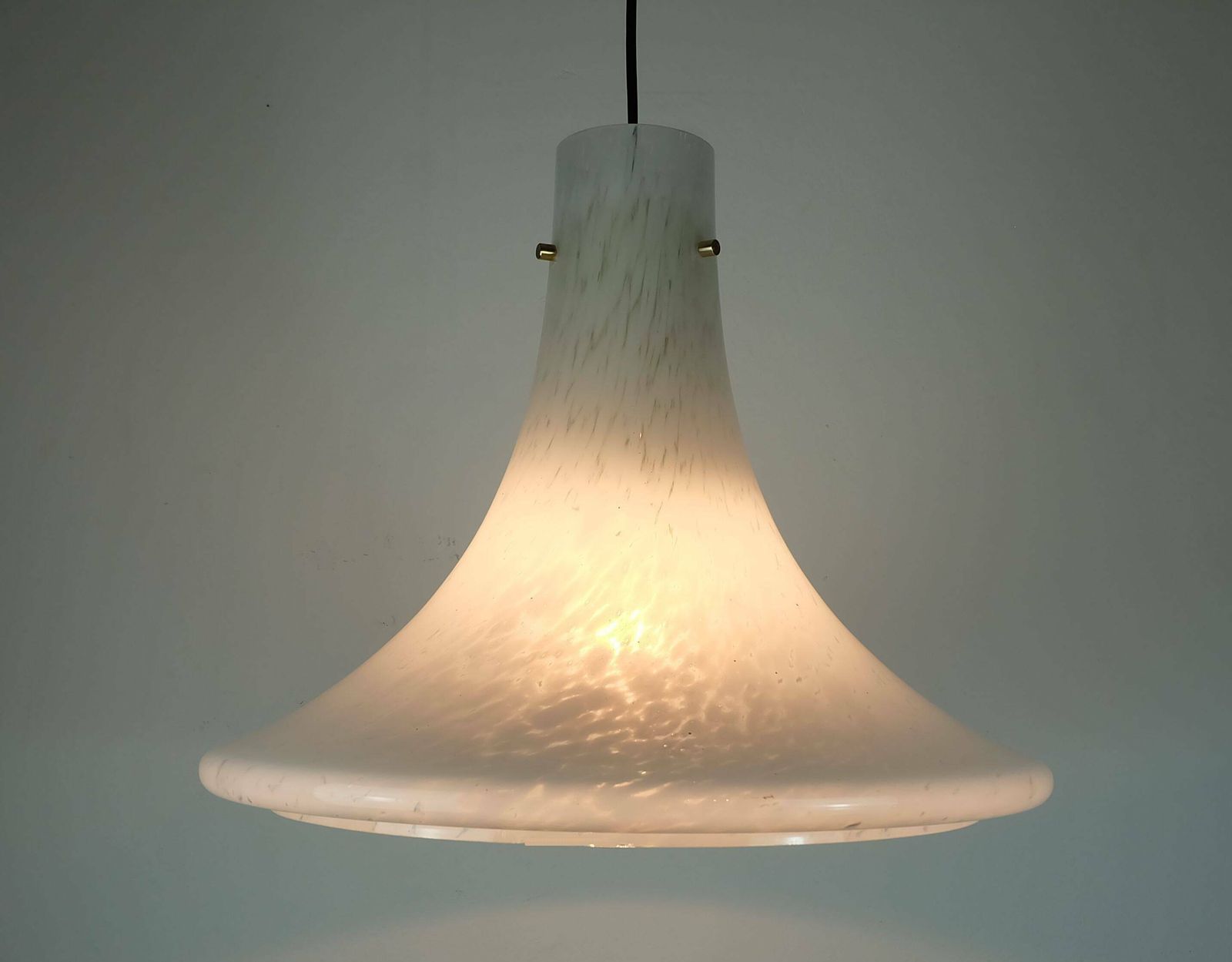 Large 1970s Glashuette Limburg Pendant Light White Opaline Bubble Glass Trumpet Shaped Shade P283 42 photo vinterior