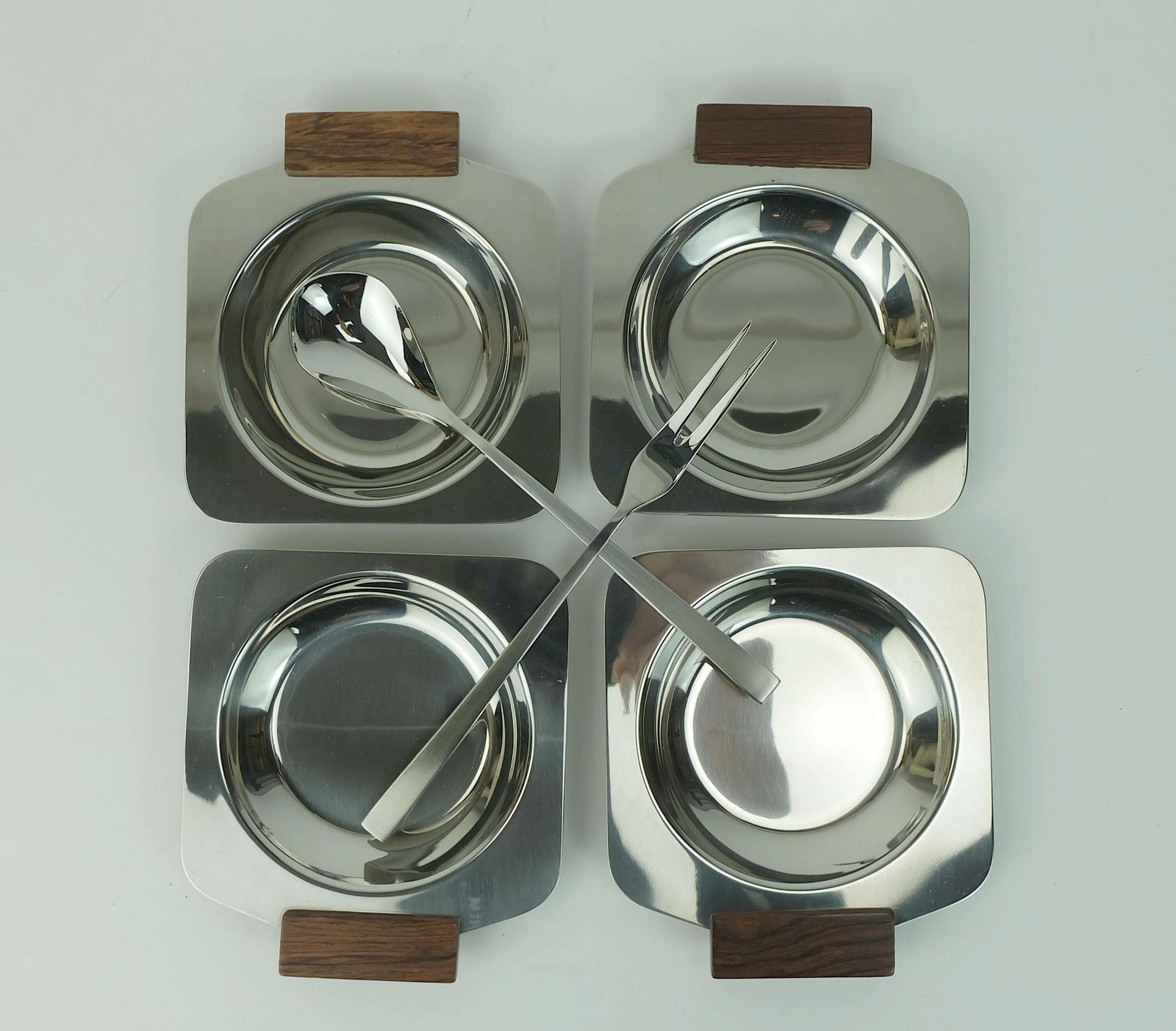 Mid Century Modern Bowl Set Dip Bowls Party Serving Set Stainless Steel And Wood 1960s photo for sale