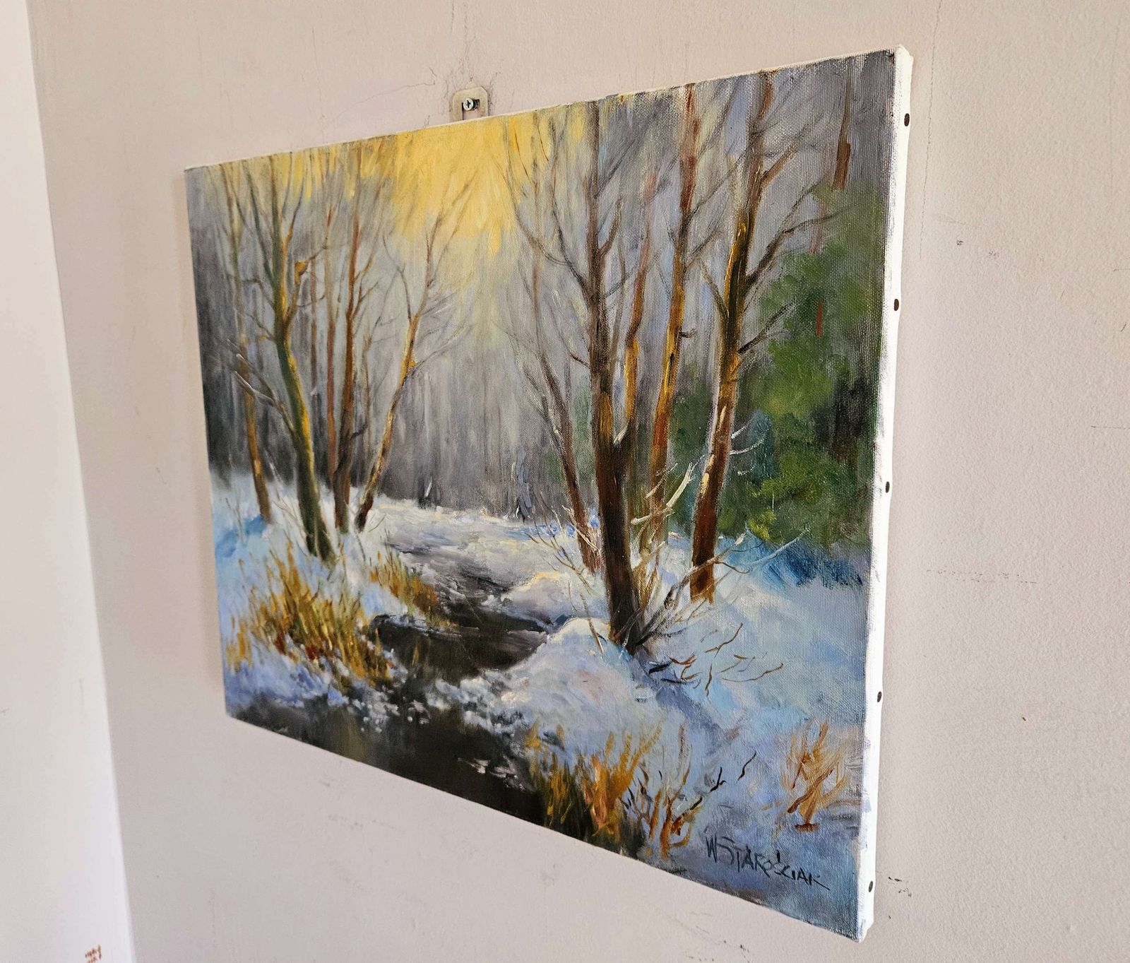 Oil On Linen Of Snowy River Landscape 'Zima' By Polish Artist W. Starosciak photo furniture