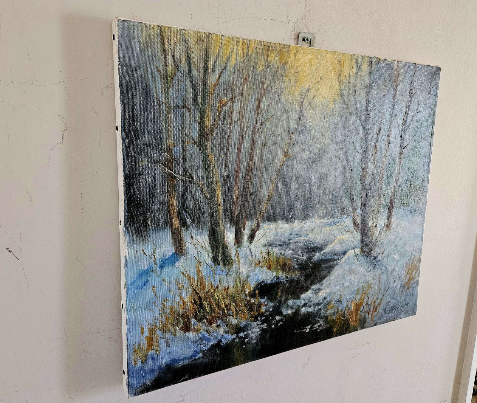 Oil On Linen Of Snowy River Landscape 'Zima' By Polish Artist W. Starosciak photo for sale
