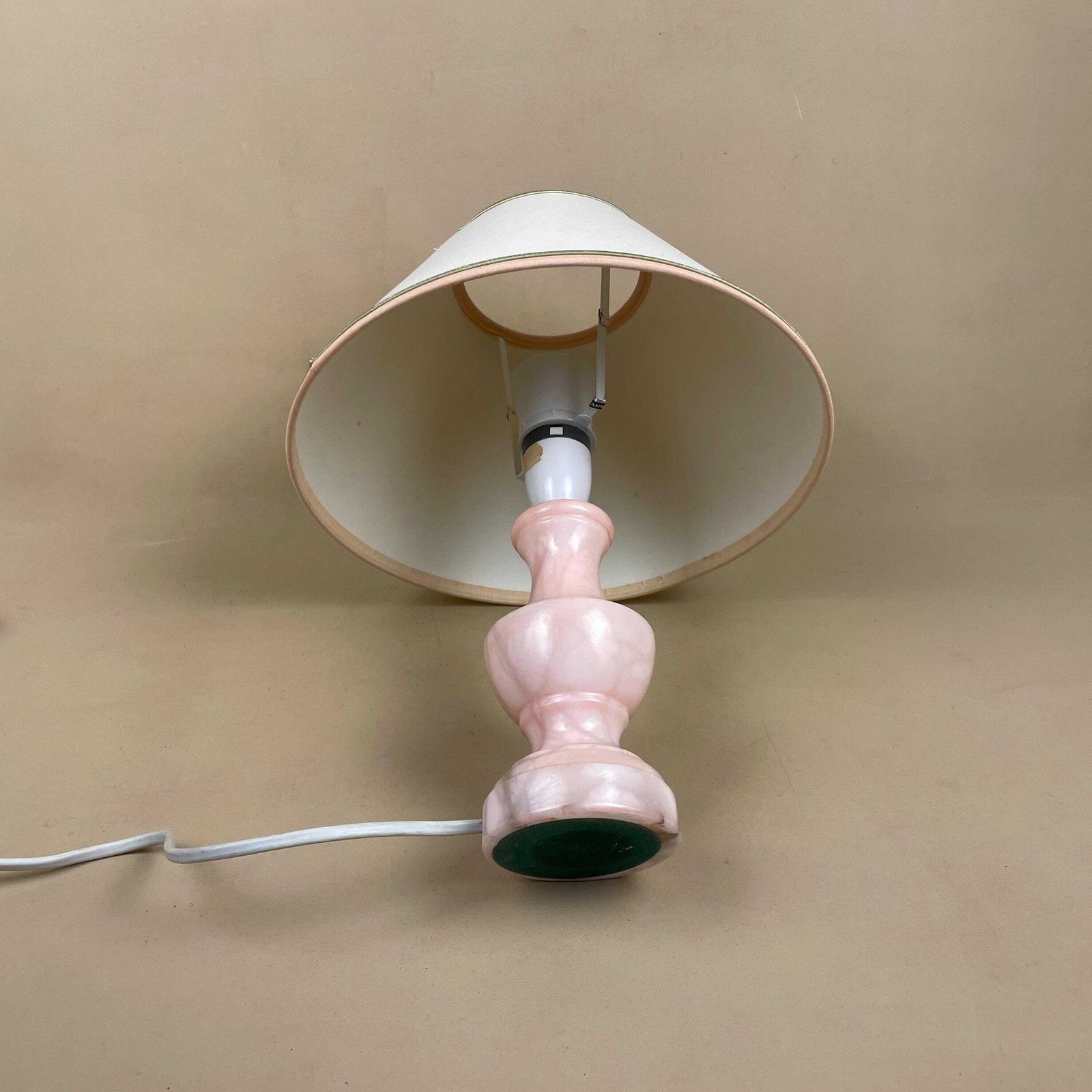 Antique Marble Lamp Light Bedside Side Table Desk Marbled Patterned Detail Vintage Pattern Stone Pillar Pink Cream Cone Lampshade Carved photo buy