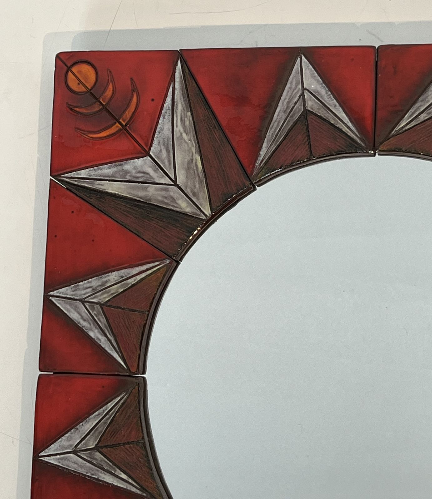 Ceramic Mirror Depicting A Stylized Sun On A Red Background Attributed To Oswald Tiberghien photo vinterior