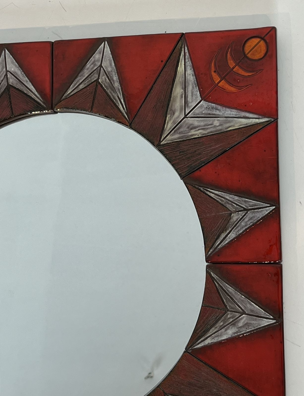 Ceramic Mirror Depicting A Stylized Sun On A Red Background Attributed To Oswald Tiberghien photo vintage