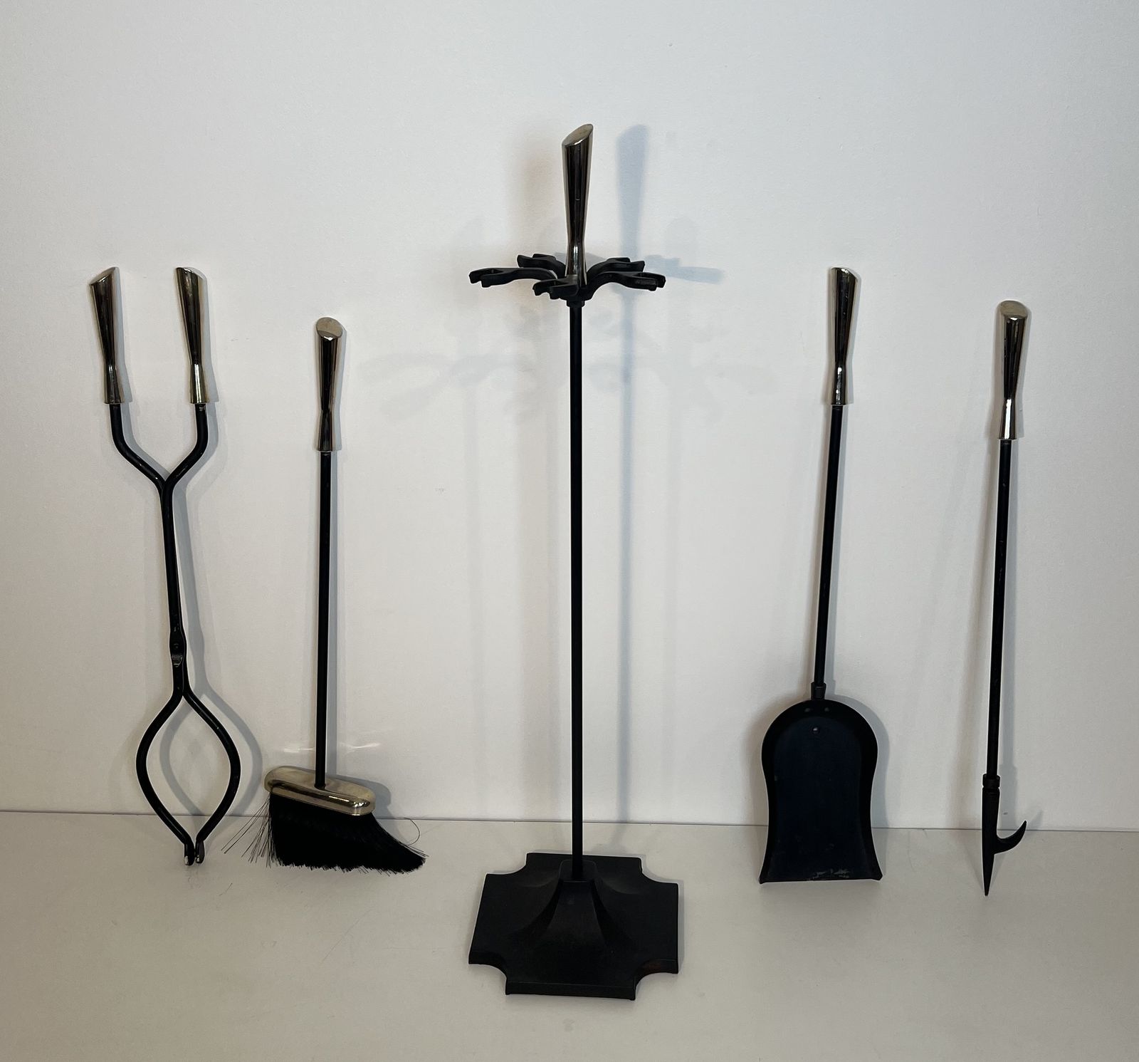 Black And Chrome Lacquered Metal Design Fire Kit photo for sale