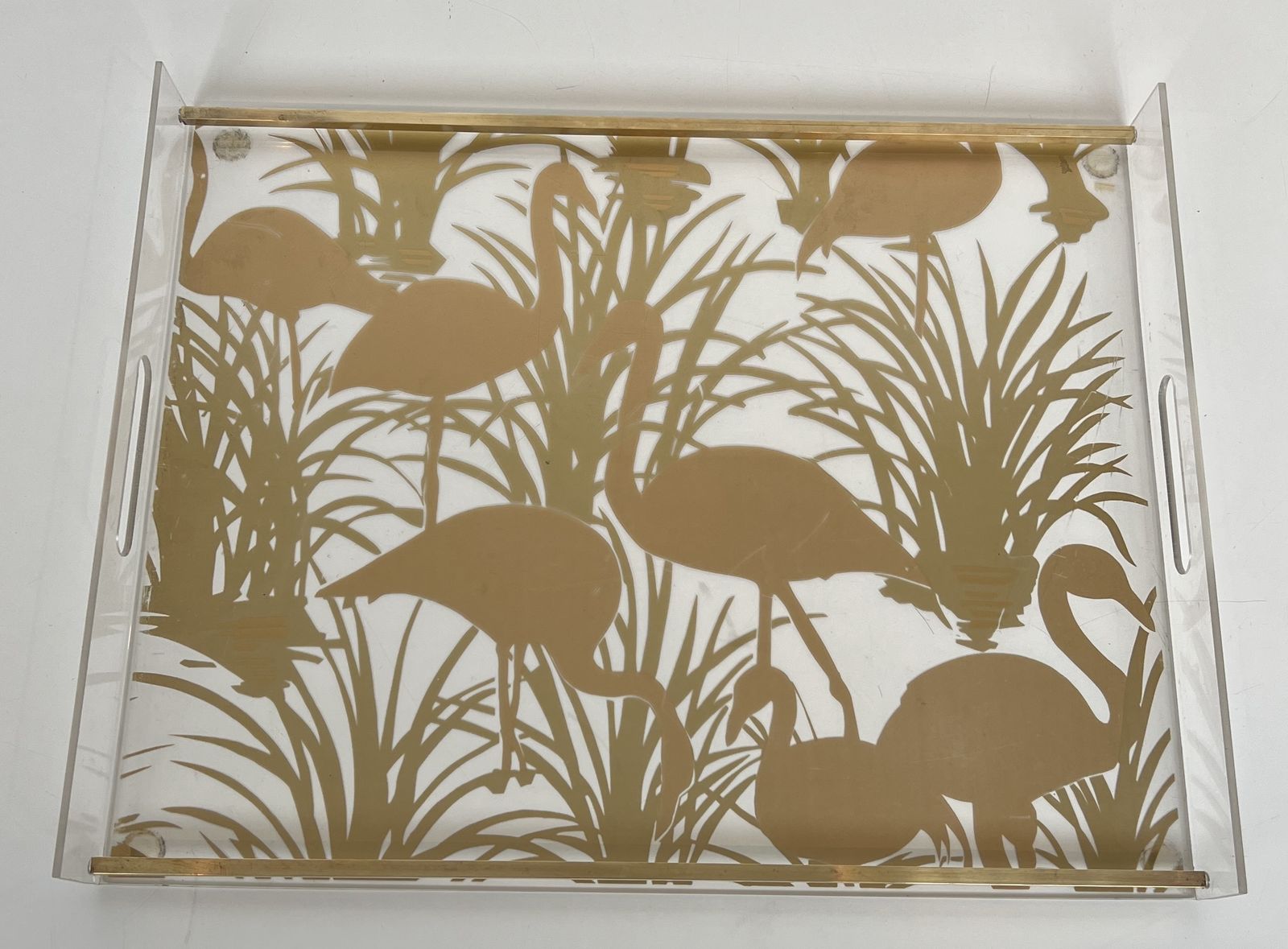 photo furniture Pair Of Plexiglass And Brass Trays With Golden Bird Decor